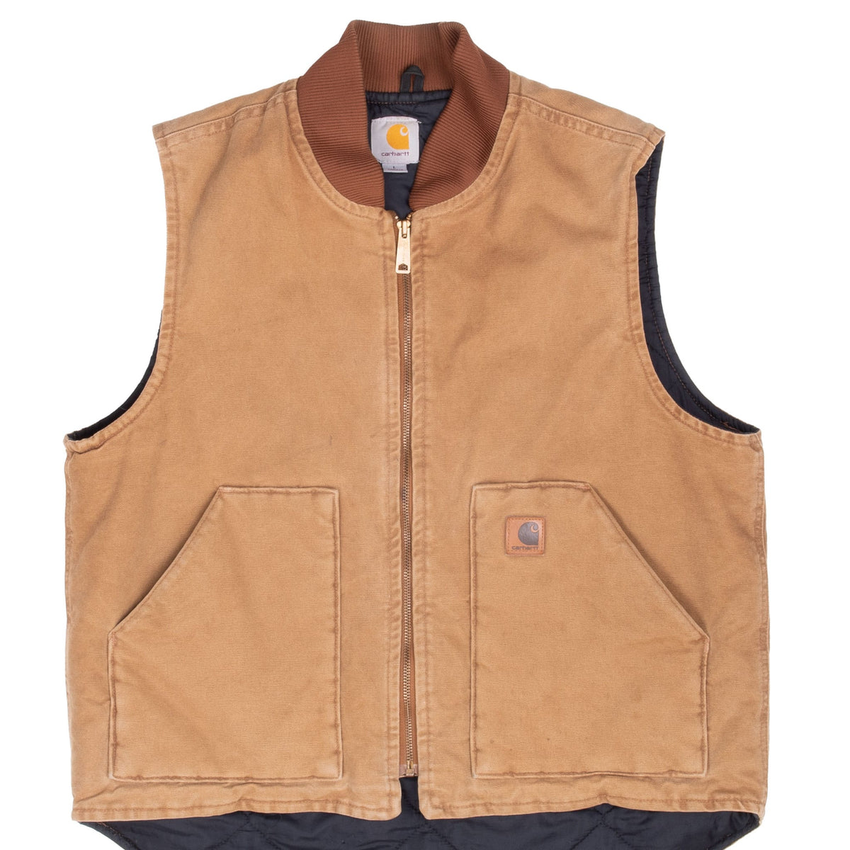 Front of brown Carhartt zip vest with rib-knit collar and two patch pockets