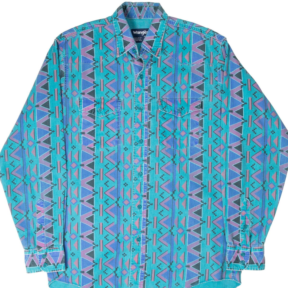 Front of Wrangler western shirt with turquoise, purple, pink and black geometric print