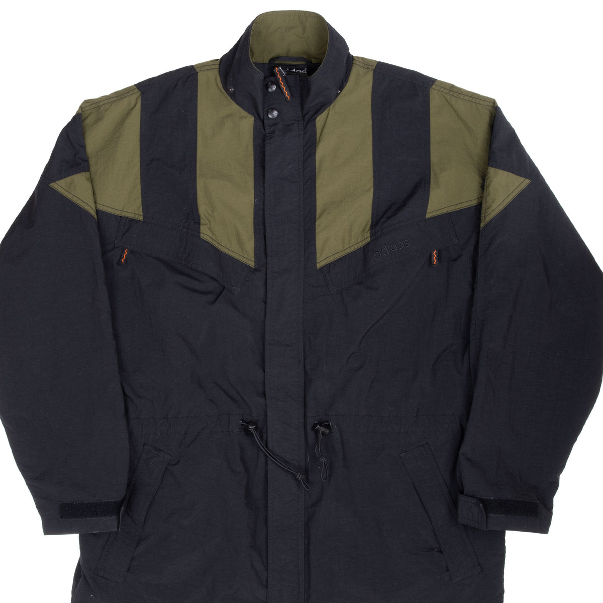 Front of black adidas windbreaker with olive green panels, high collar and snap placket