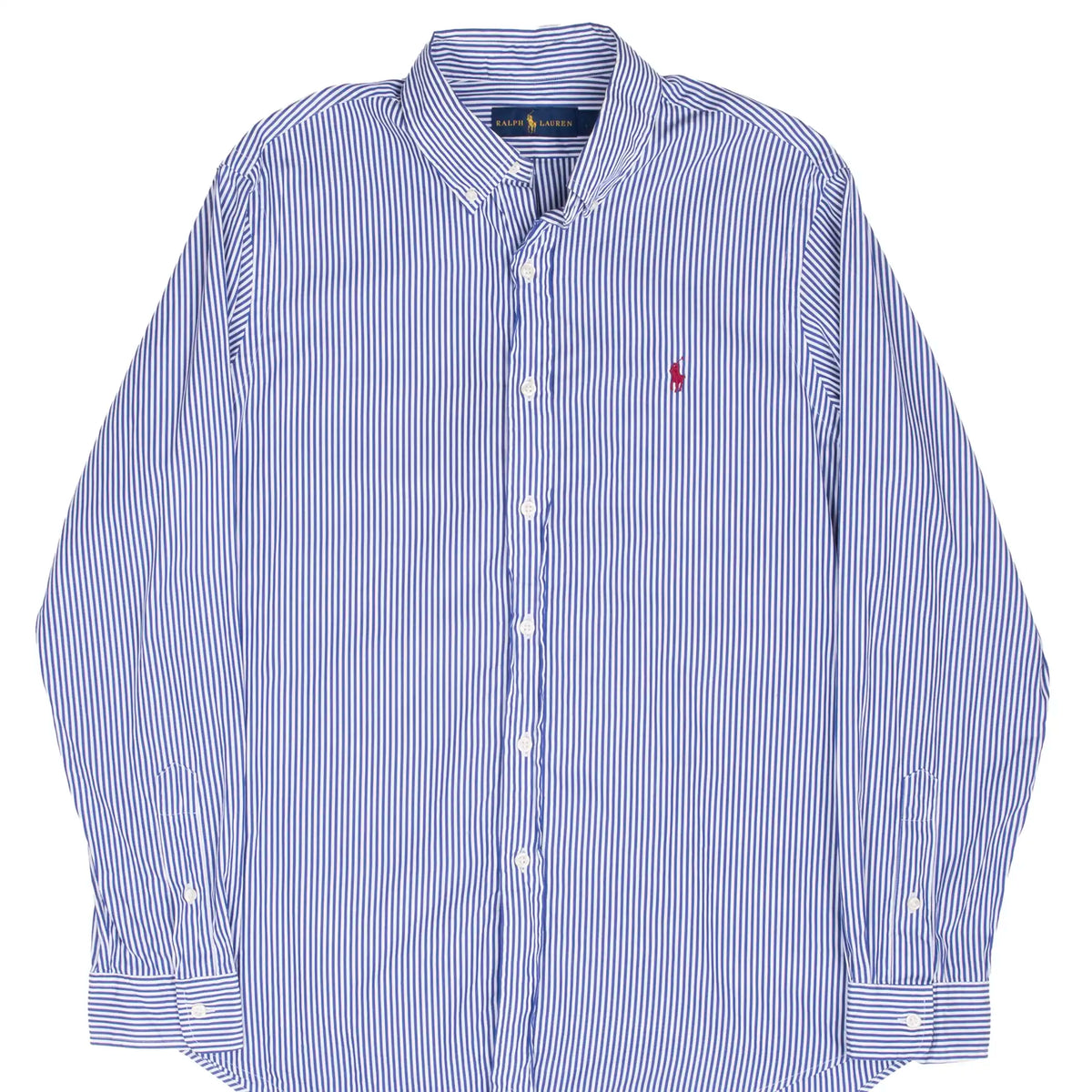 Front of Ralph Lauren blue striped button-down shirt with red polo embroidery