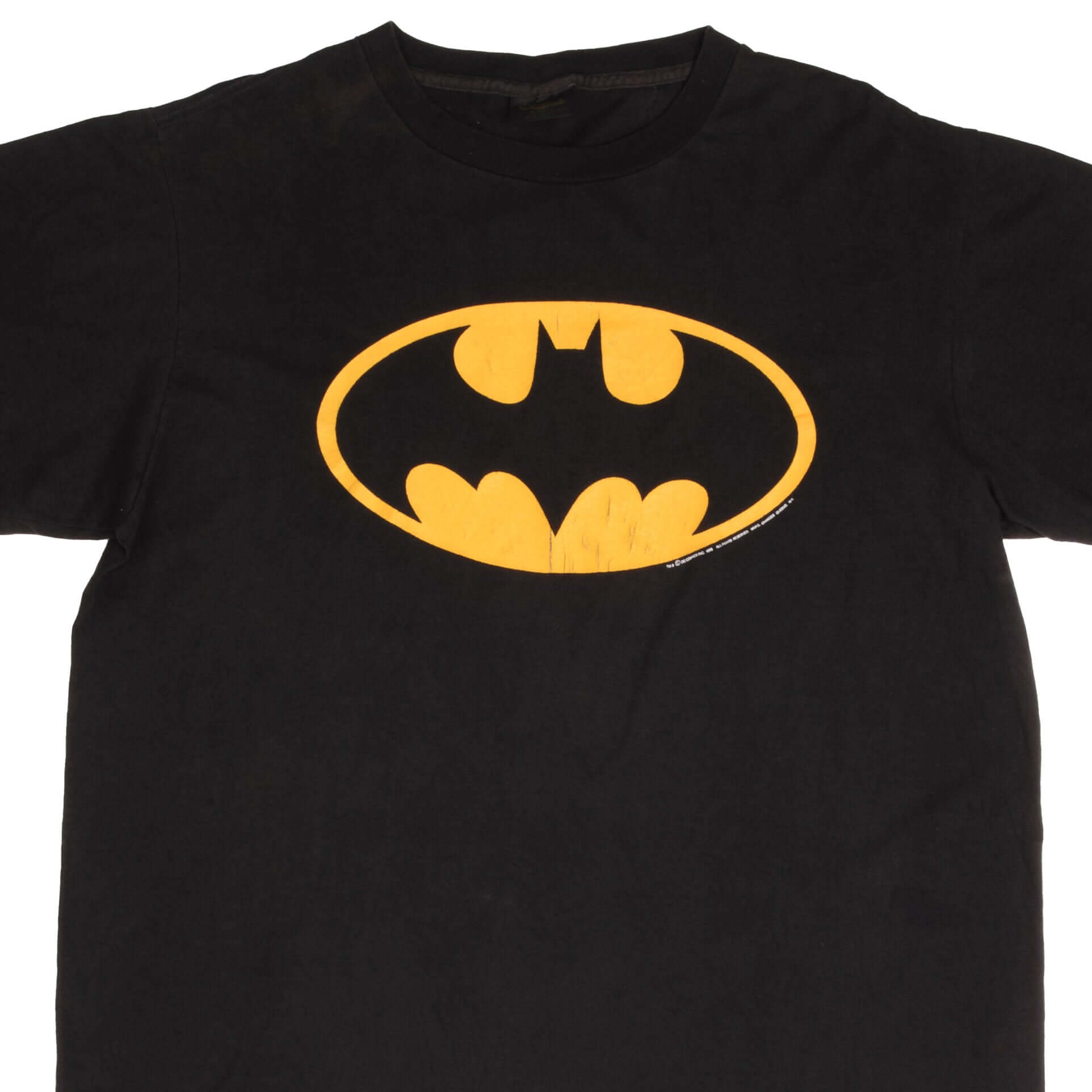Vintage Dc Comics Batman Emblem Distressed Tee Shirt 1986 Size XL Made In USA With Single Stitch Sleeves.