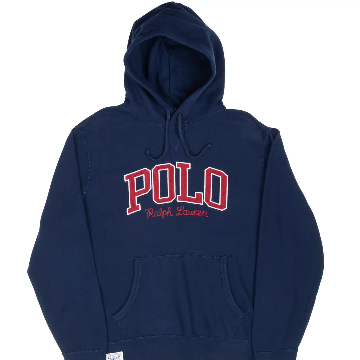 Front of navy Polo Ralph Lauren hoodie with red and white embroidered logo