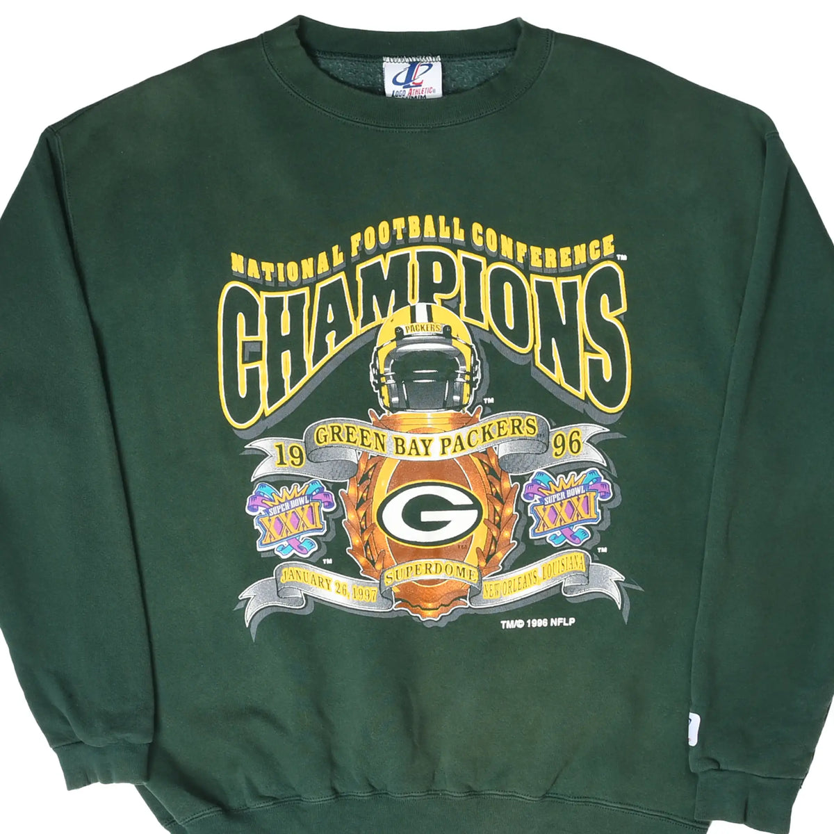 Front of green Green Bay Packers sweatshirt with NFC Champions and Super Bowl XXXI graphic