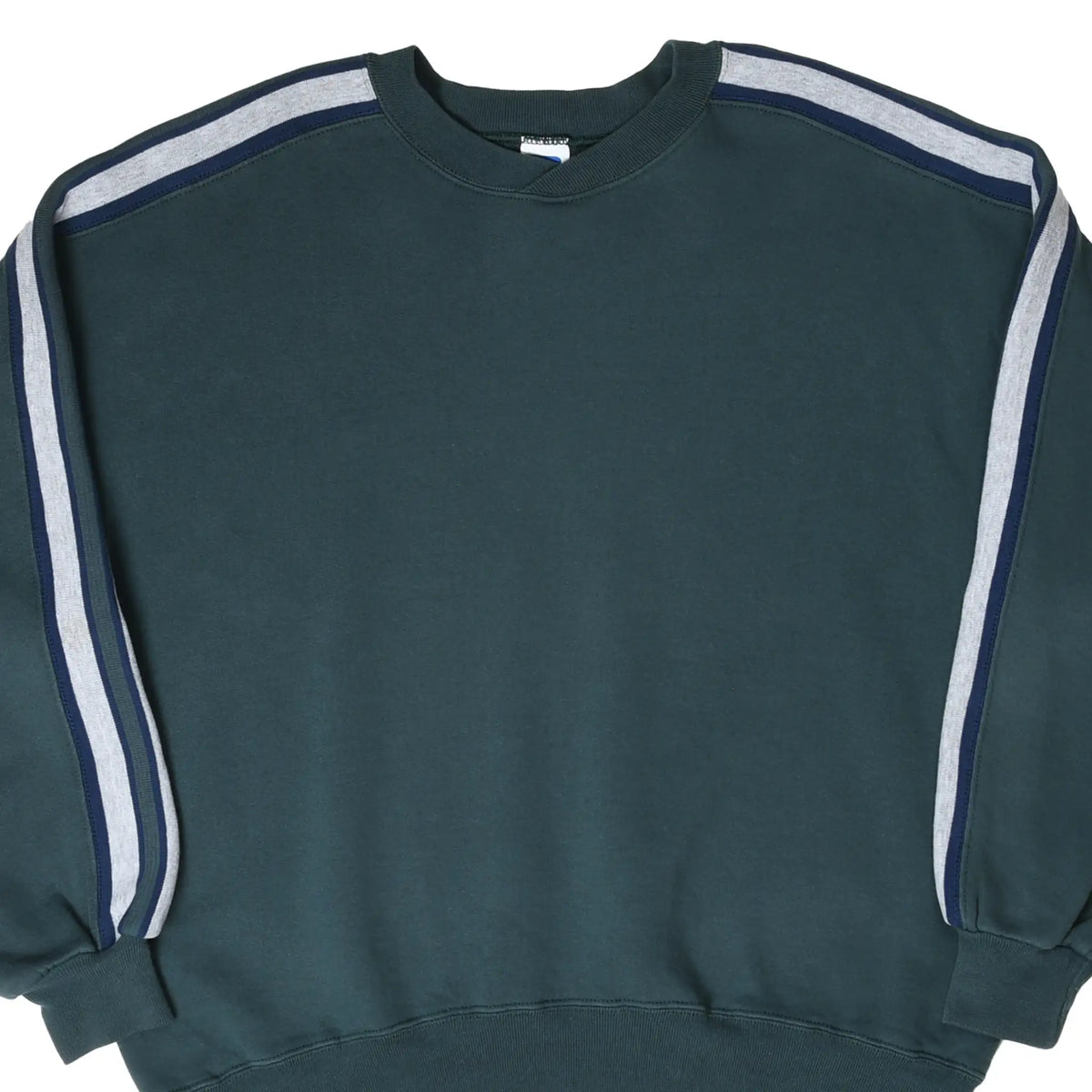 Front detail of dark green Russell Athletic sweatshirt with navy and gray shoulder and sleeve stripes