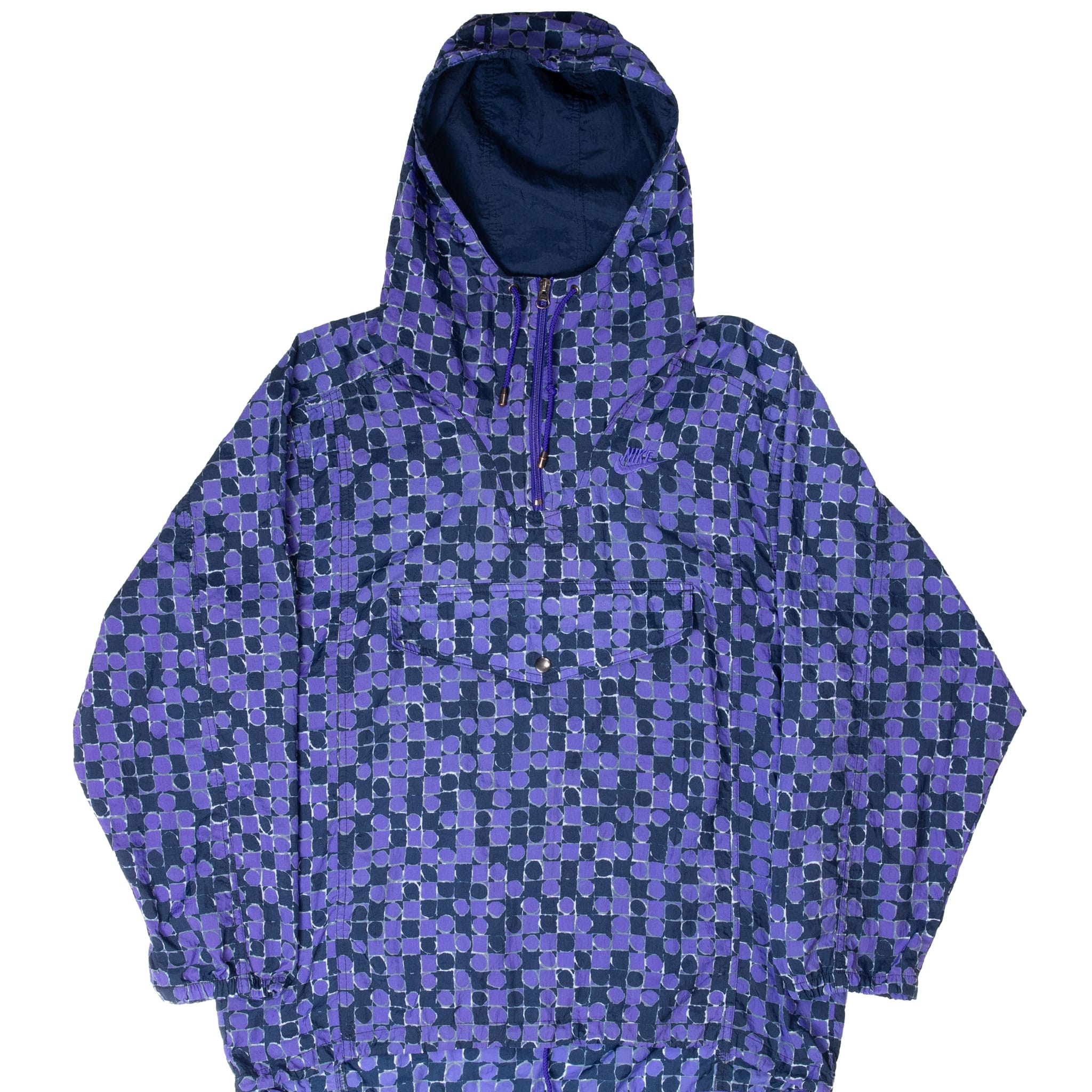 Front of purple and navy dotted Nike hooded pullover jacket with quarter zip and pouch pocket