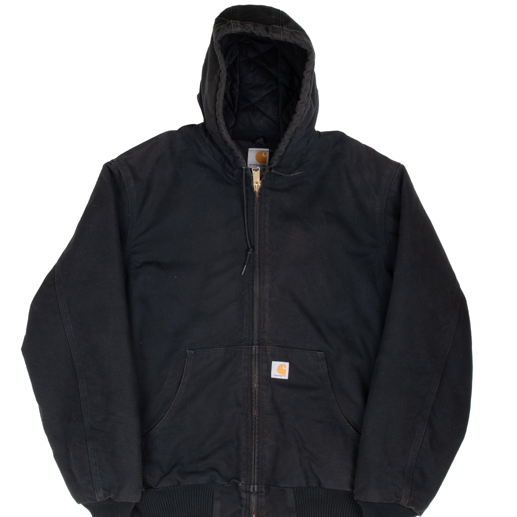Front of black Carhartt J140 hooded active jacket with zipper and logo patch