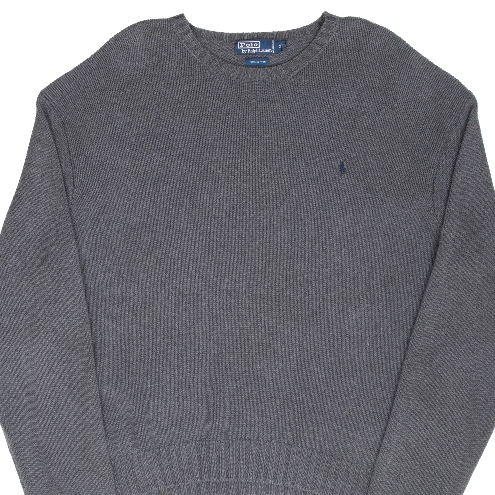 Front upper view of grey Polo Ralph Lauren knit crewneck sweater with navy embroidered pony