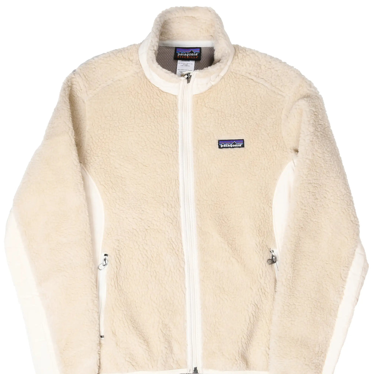Front of beige Patagonia Retro-X women's fleece jacket with full zip and side pockets