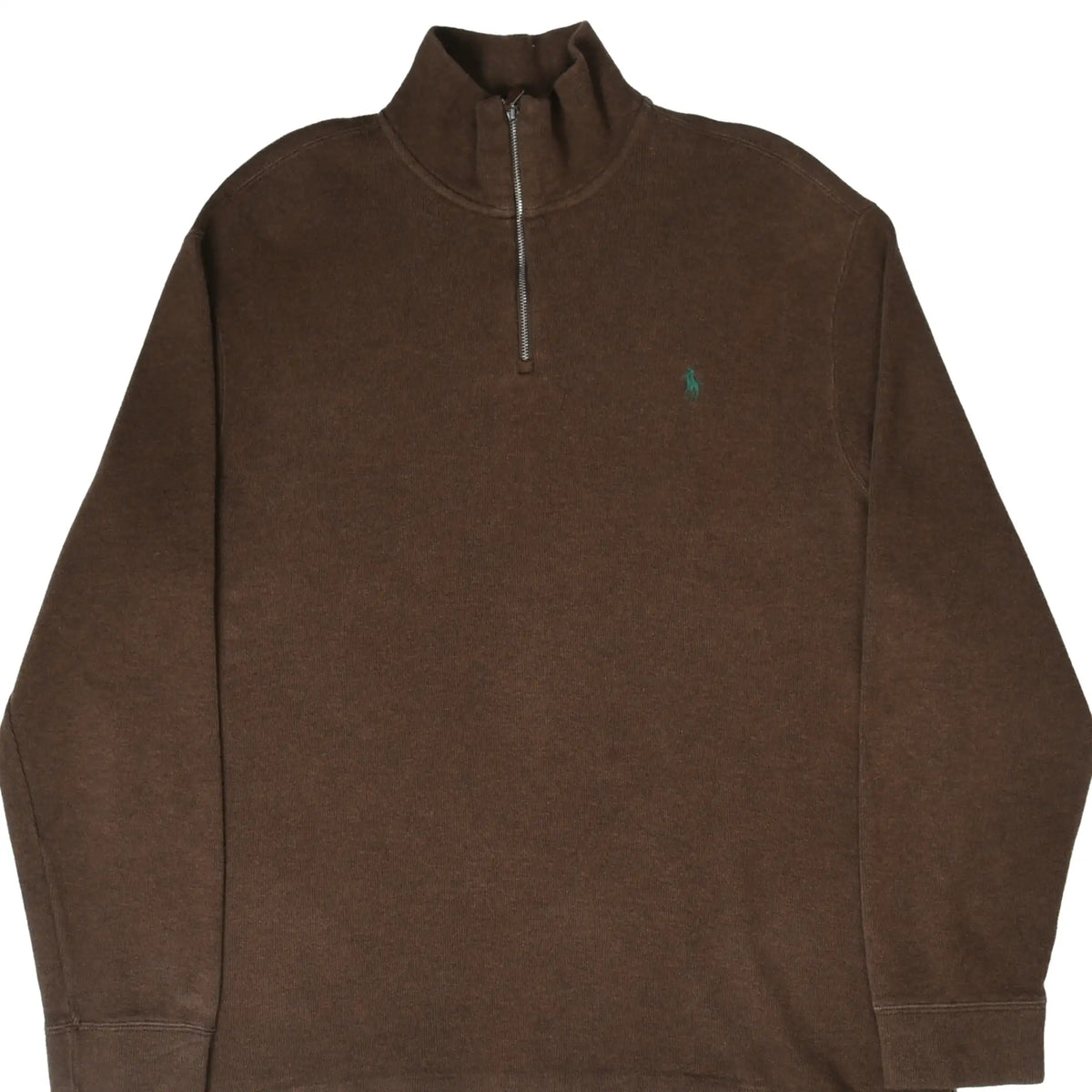Front of brown Polo Ralph Lauren quarter-zip sweater with green embroidered pony logo