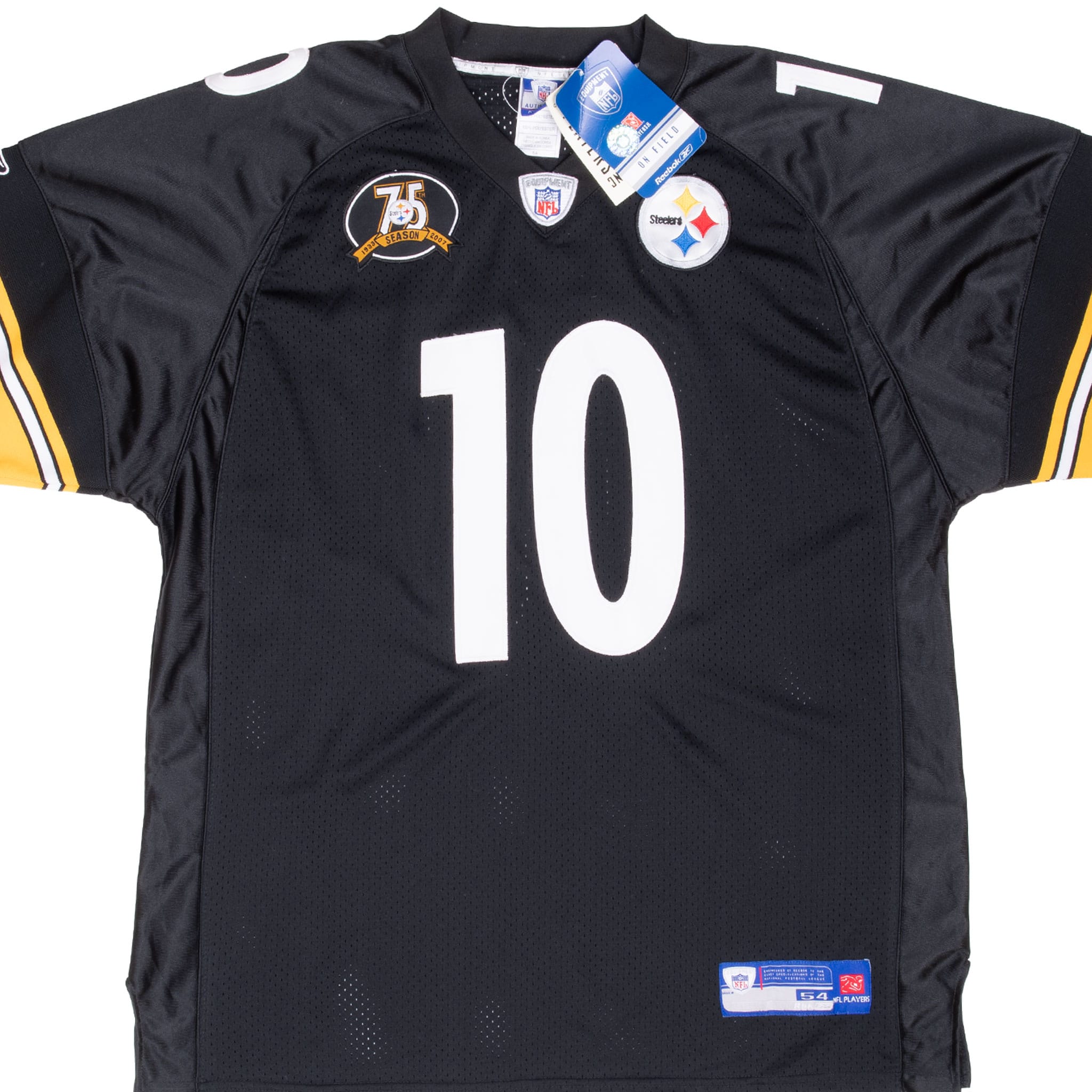 Front of black Reebok Pittsburgh Steelers Santonio Holmes #10 jersey with chest patches and tags