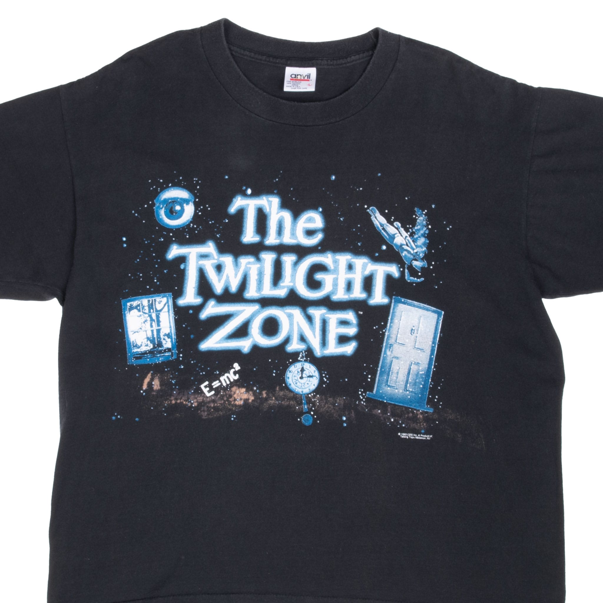 Upper front of black Disney The Twilight Zone T-shirt with blue-and-white graphic