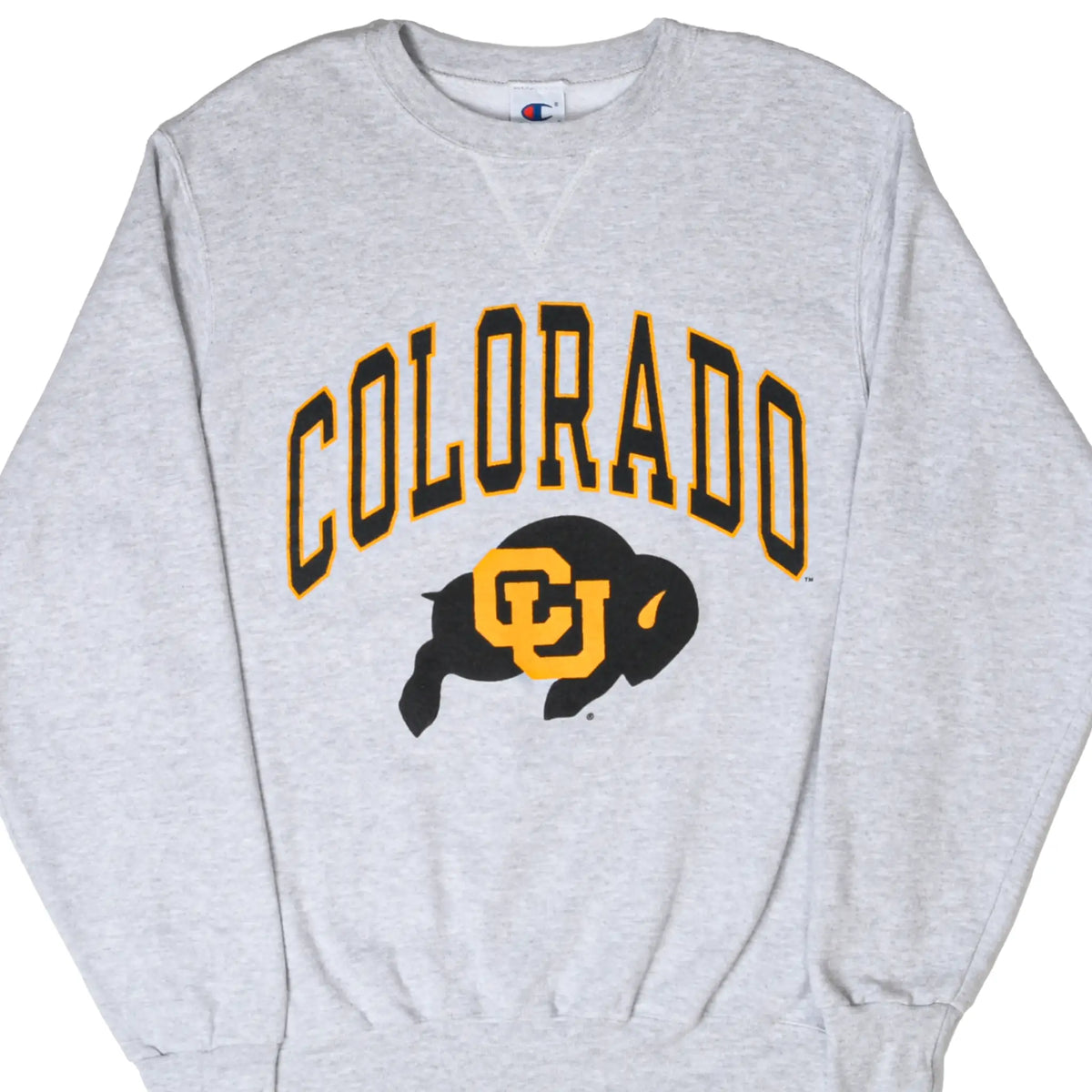 Front of gray Champion sweatshirt with Colorado lettering, CU logo, and buffalo graphic