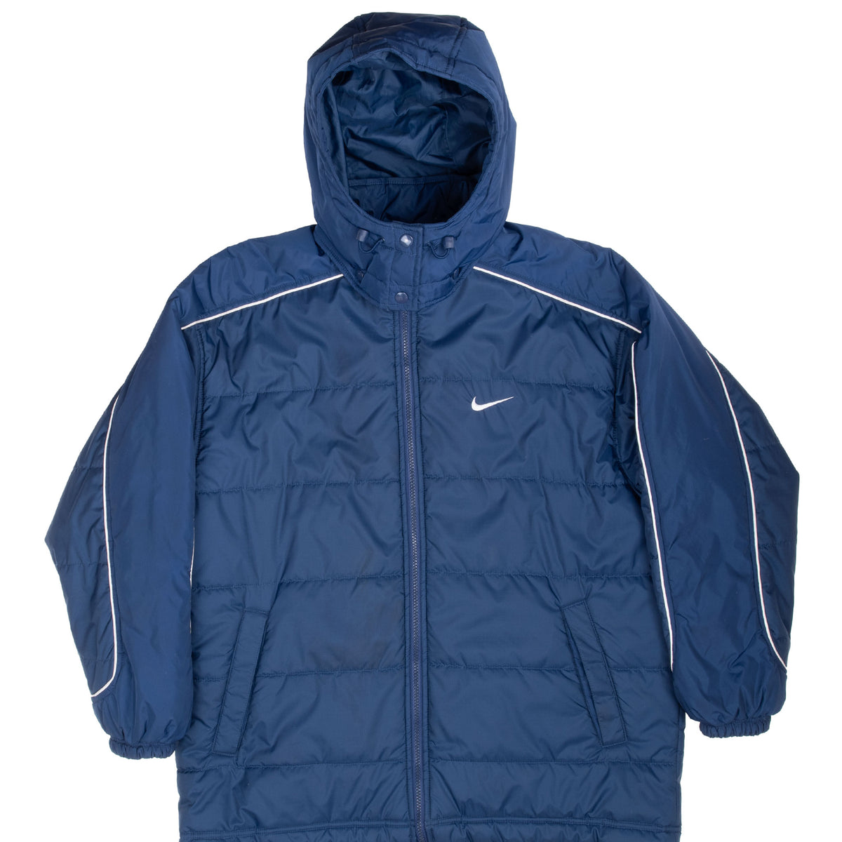 Front of blue Nike women's puffer jacket with hood, white piping and embroidered Swoosh