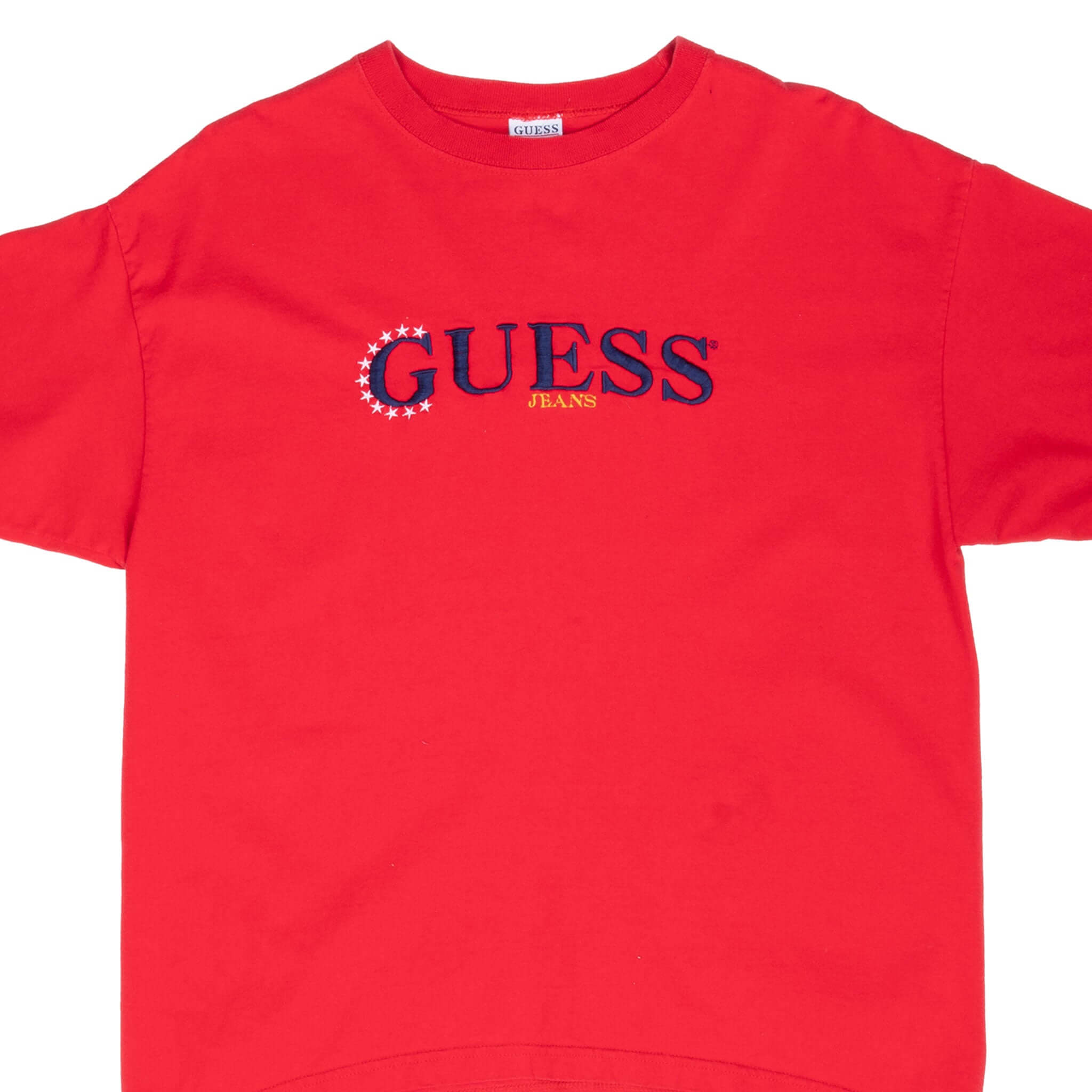 Vintage Guess Jeans Embroidered Red Tee Shirt 1990S Size Large Made In USA
