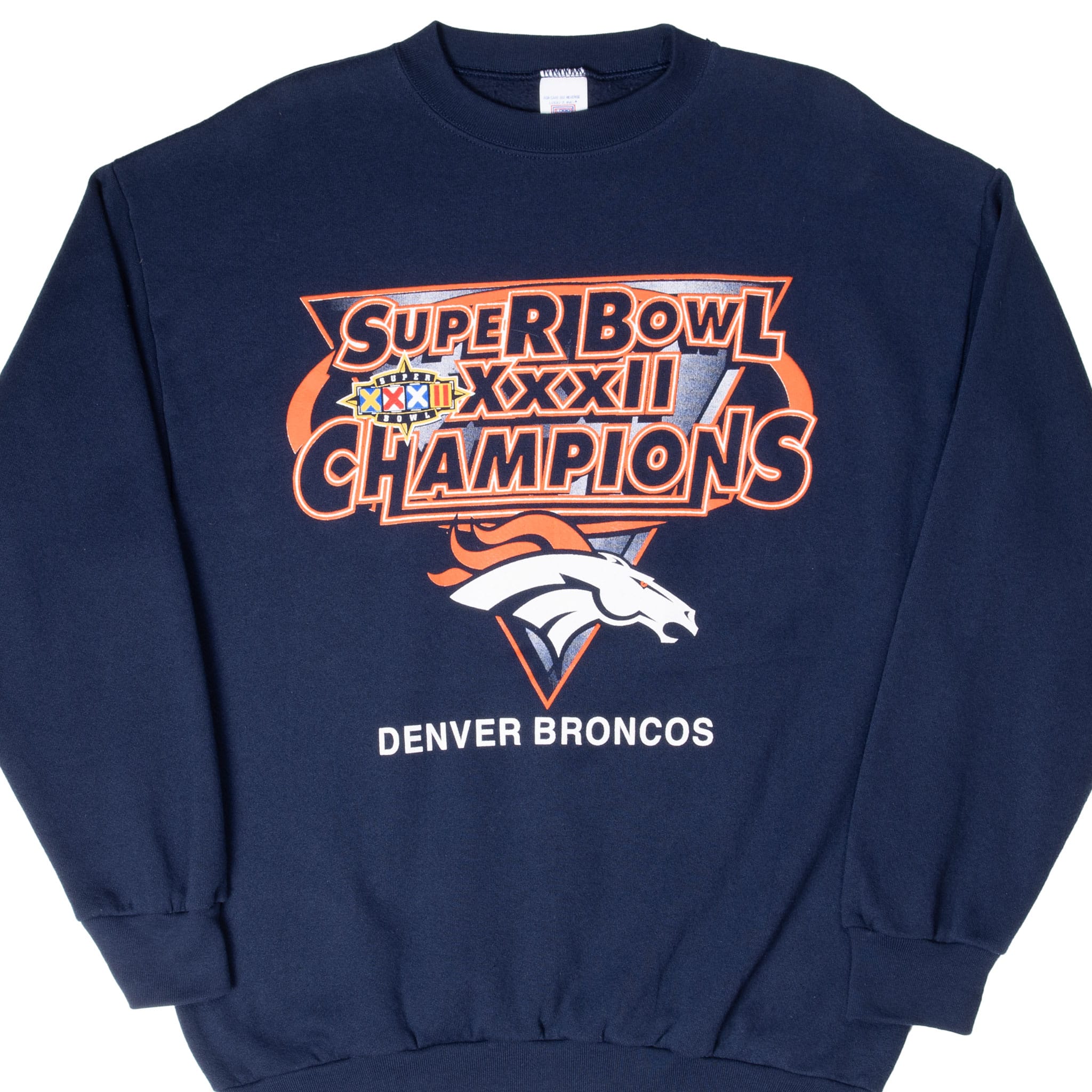Front of navy Denver Broncos Super Bowl XXXIII Champions crewneck sweatshirt