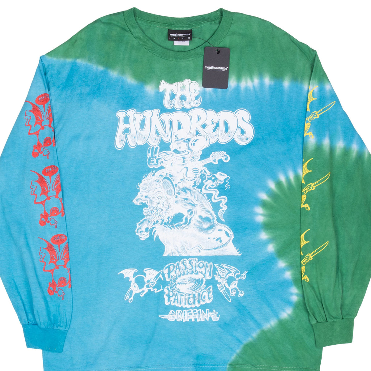 Front of The Hundreds x Rick Griffin long-sleeve shirt with blue-green tie-dye and white graphic