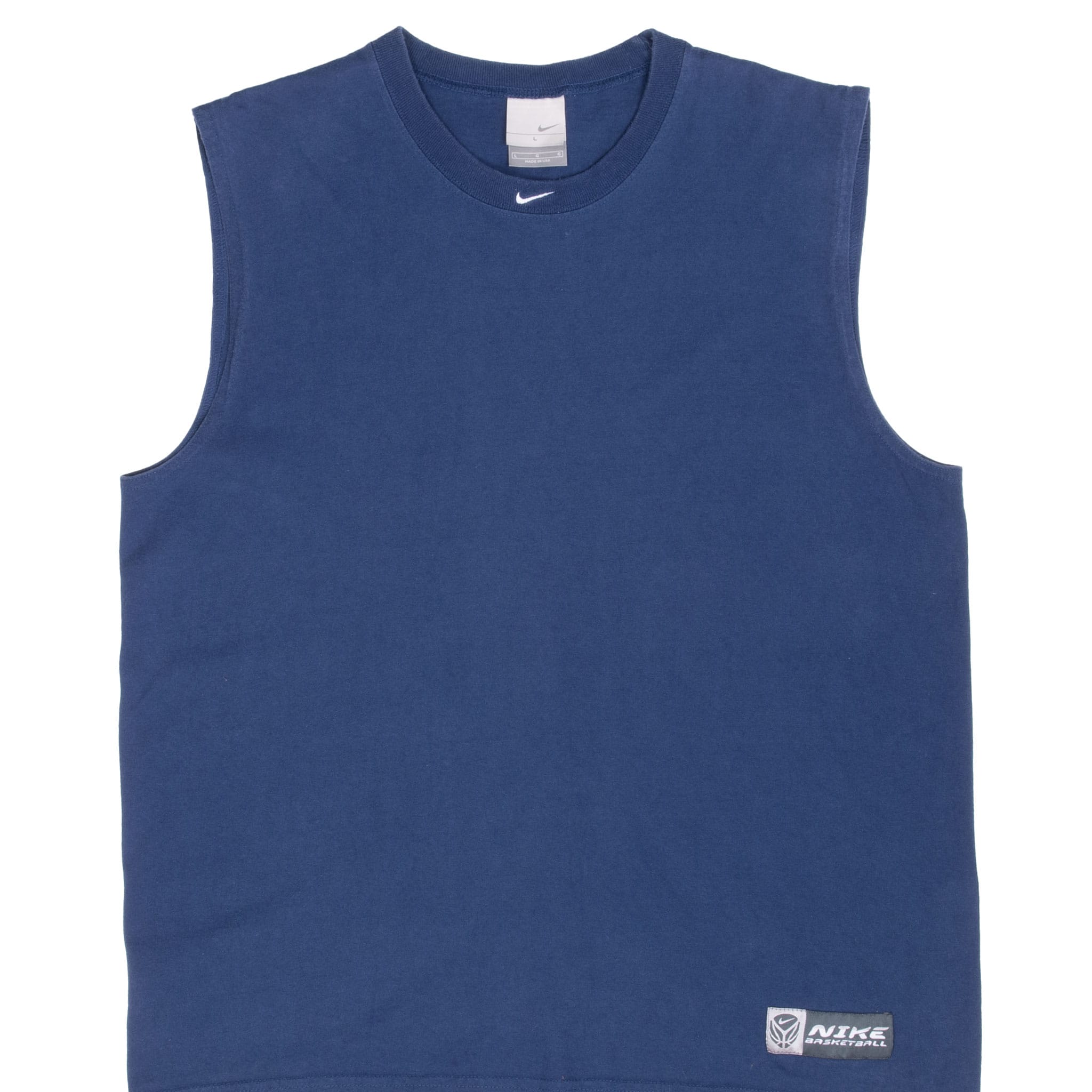 Front of navy Nike Basketball tank top with white center Swoosh and woven hem patch