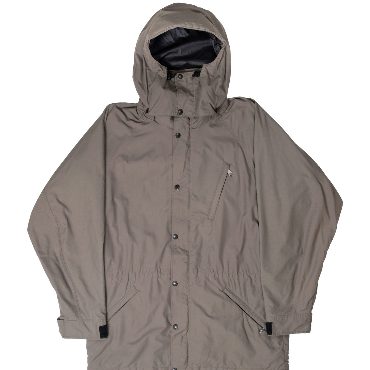 Front of grey The North Face hooded parka with snap storm flap, chest zip pocket and angled lower pockets