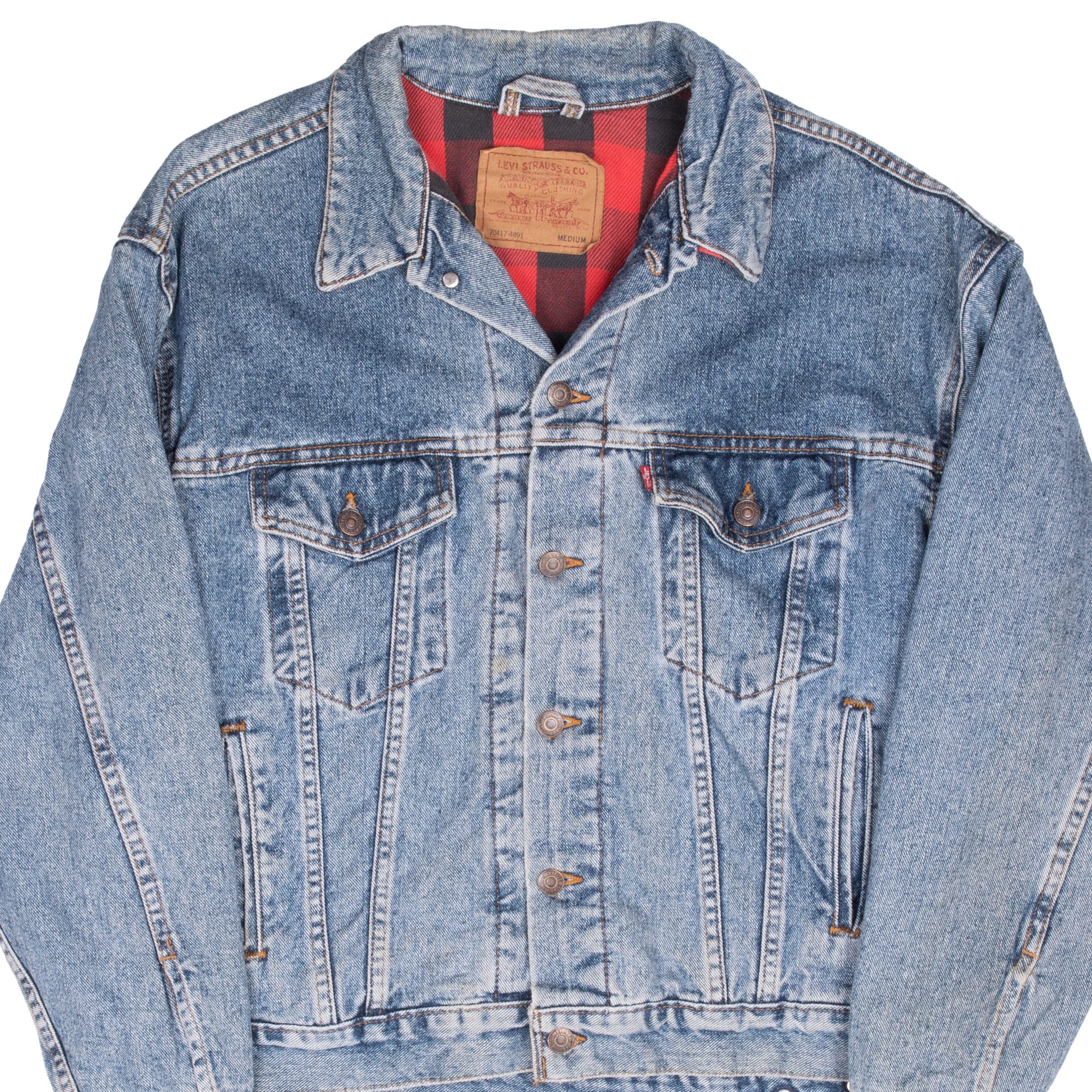 Beautiful Vintage Levis Trucker Type 3 Plaid Lined Denim Jacket 1980S Medium Made Usa . Back Button#715
70417-4891