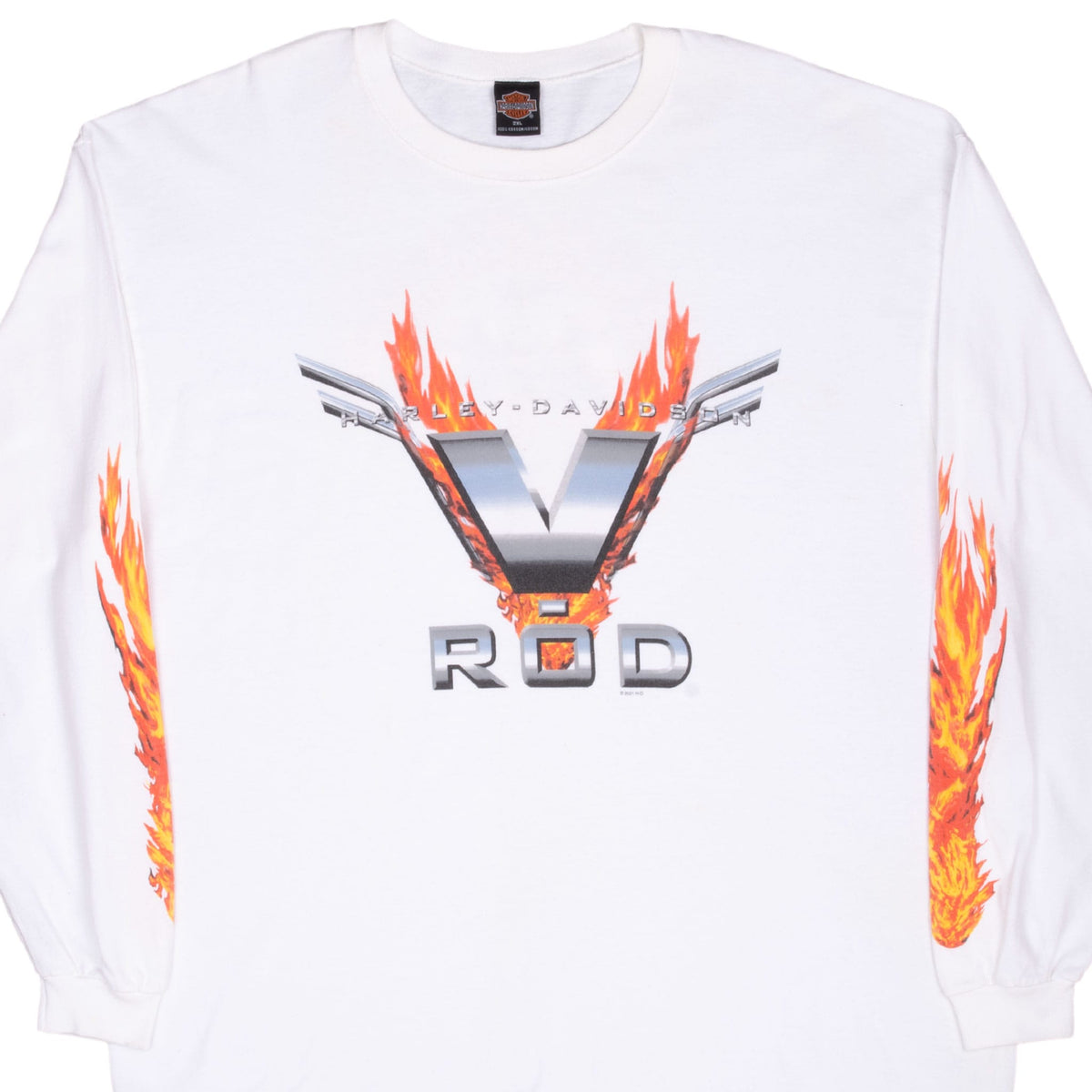 Front of white Harley-Davidson long-sleeve T-shirt with flaming V-Rod graphic and sleeve flames