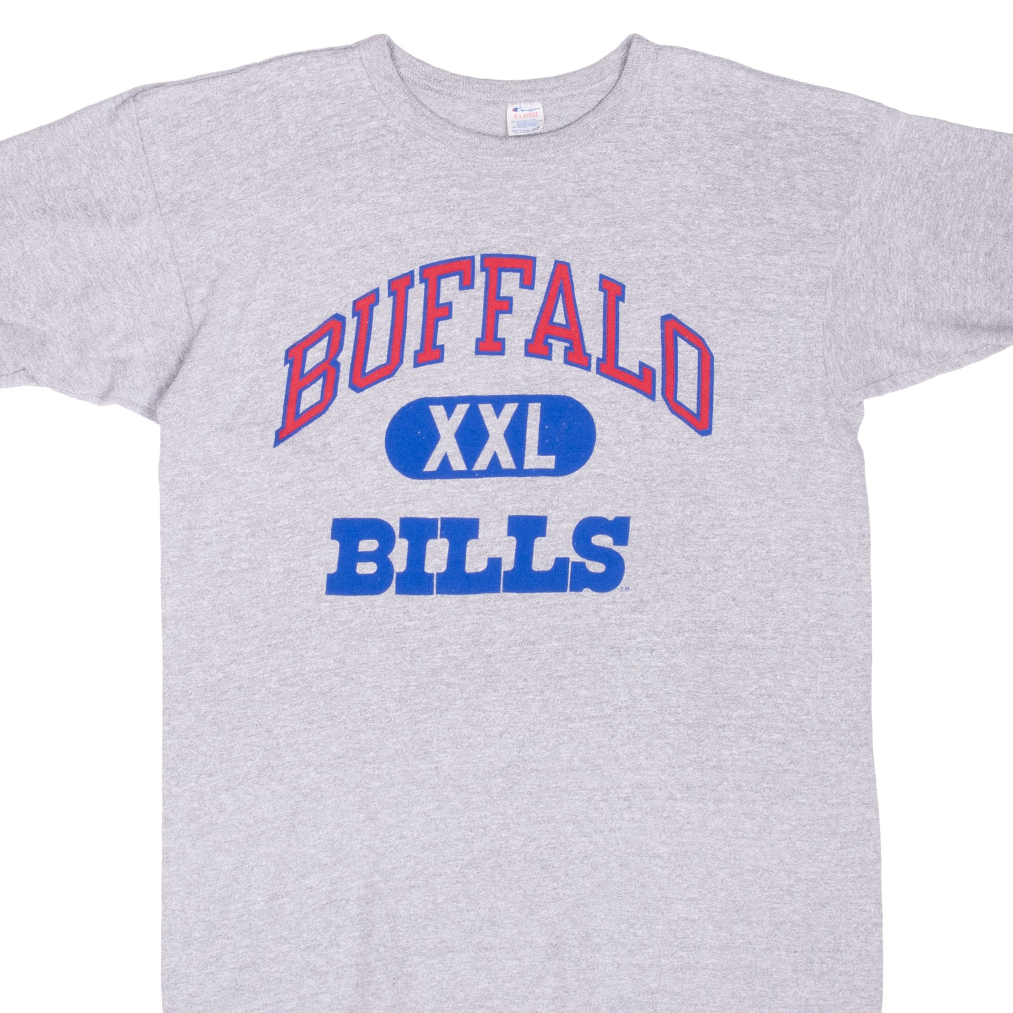 Front upper view of gray Champion Buffalo Bills T-shirt with red and blue XXL graphic