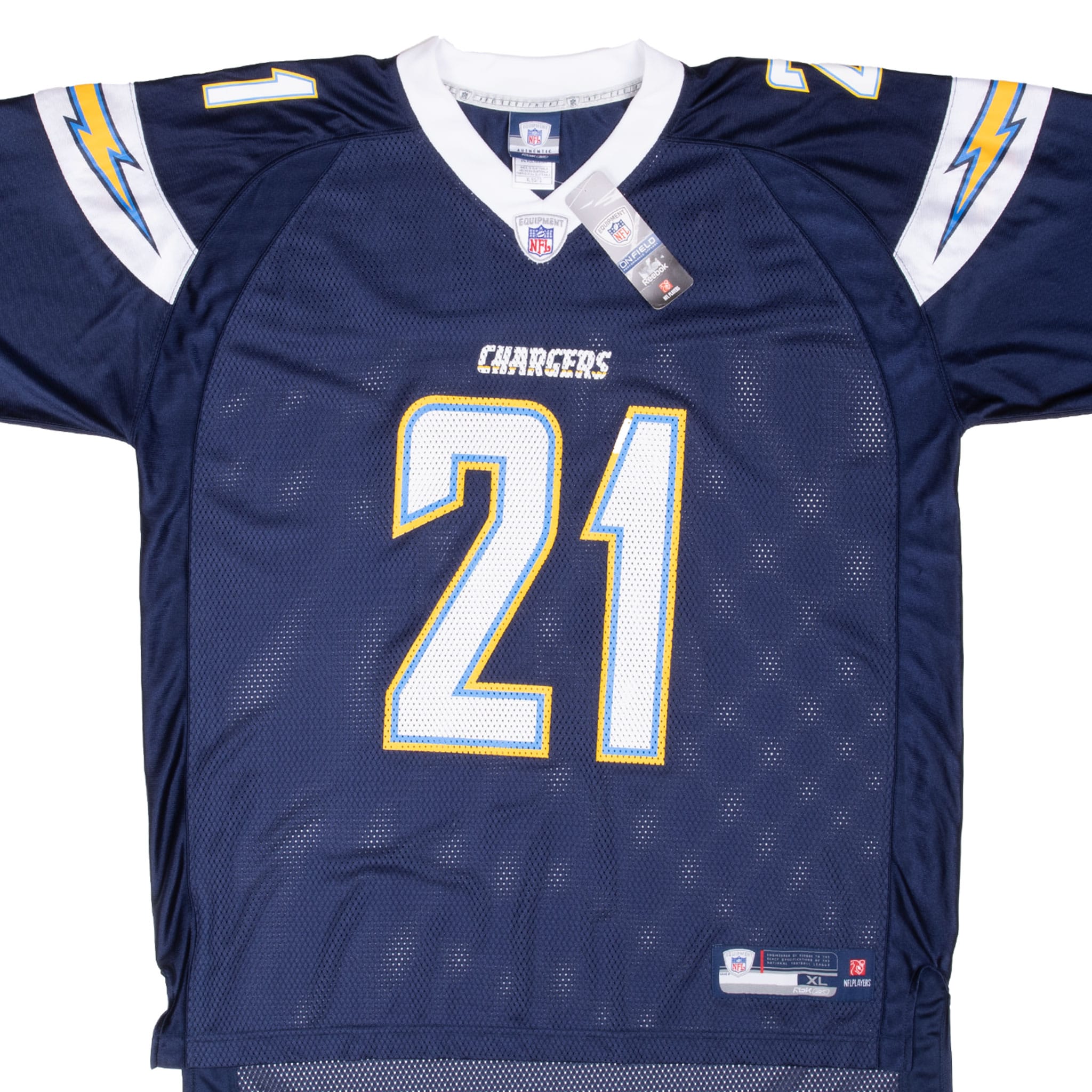 Front detail of navy Chargers Tomlinson #21 Reebok jersey with tags and lightning bolt shoulders
