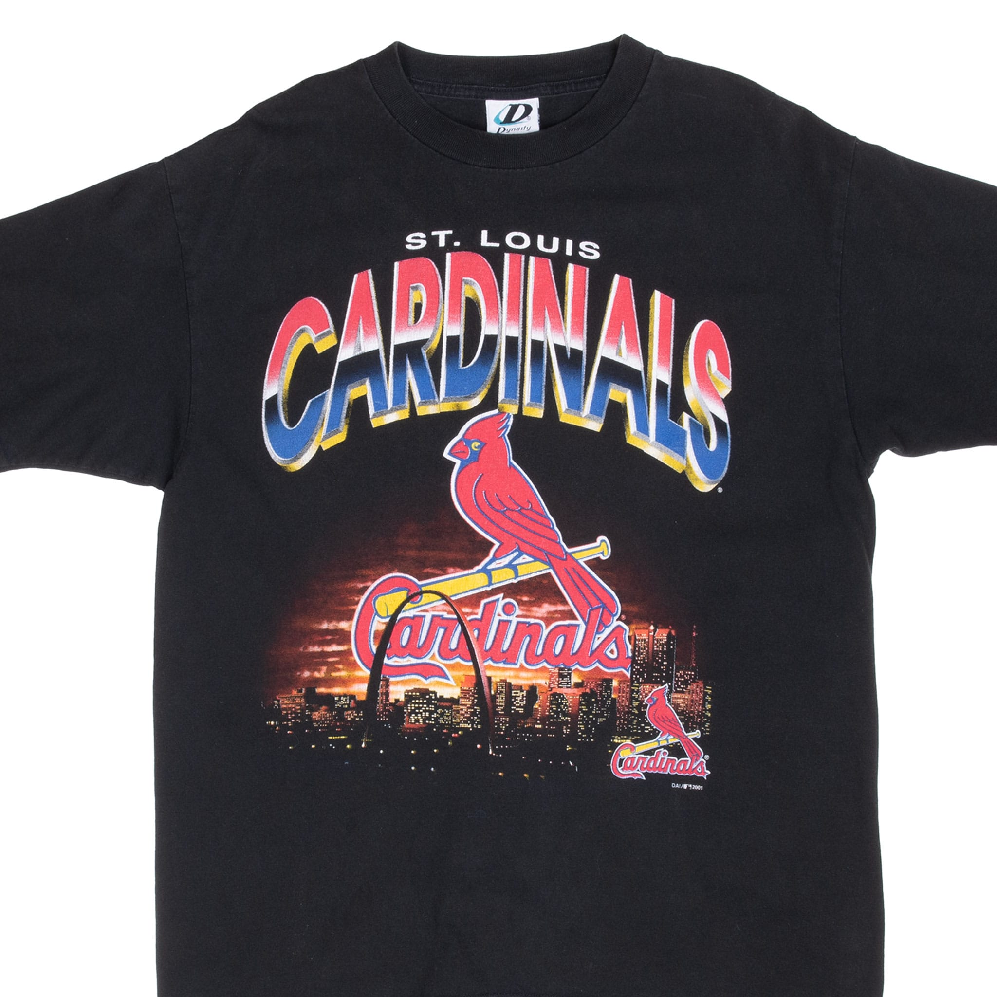 Close front view of black St. Louis Cardinals T-shirt with bird-on-bat and city skyline graphic