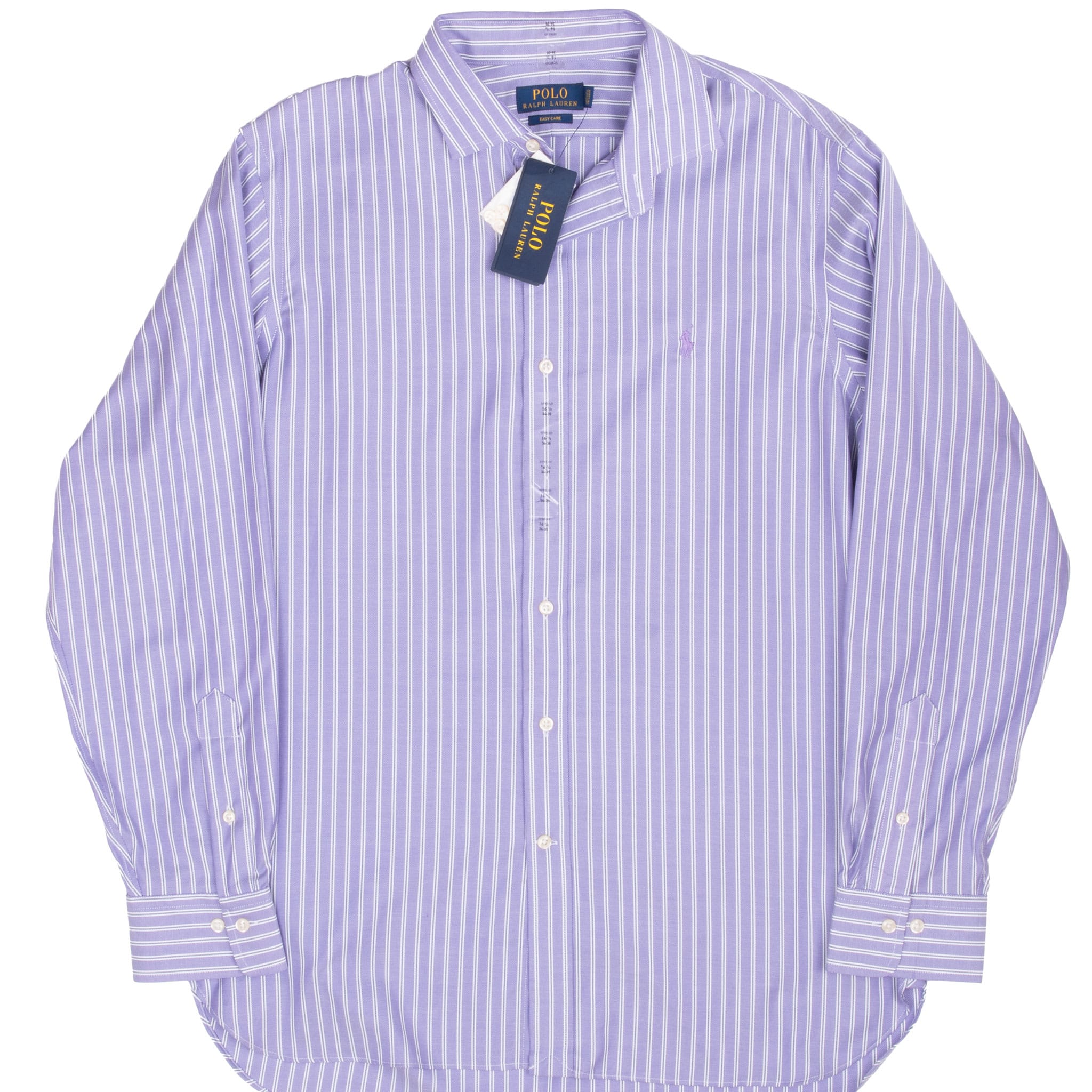 Front of Polo Ralph Lauren lavender striped long-sleeve shirt with tags and embroidered pony