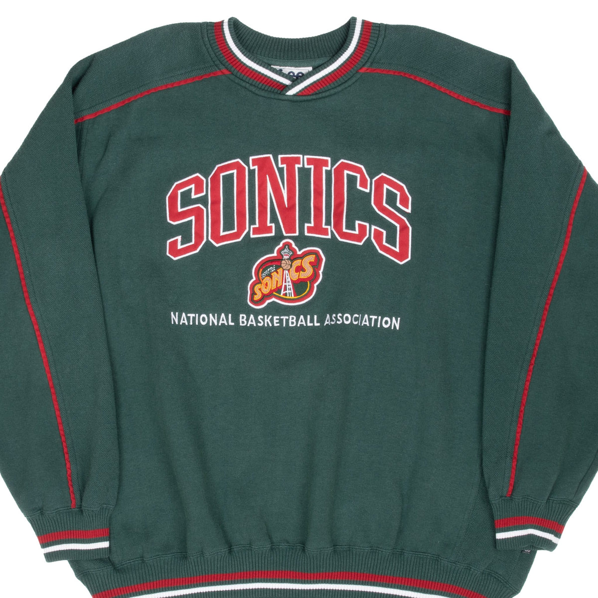 Front of dark green Seattle SuperSonics sweatshirt with embroidered Sonics logo and red piping