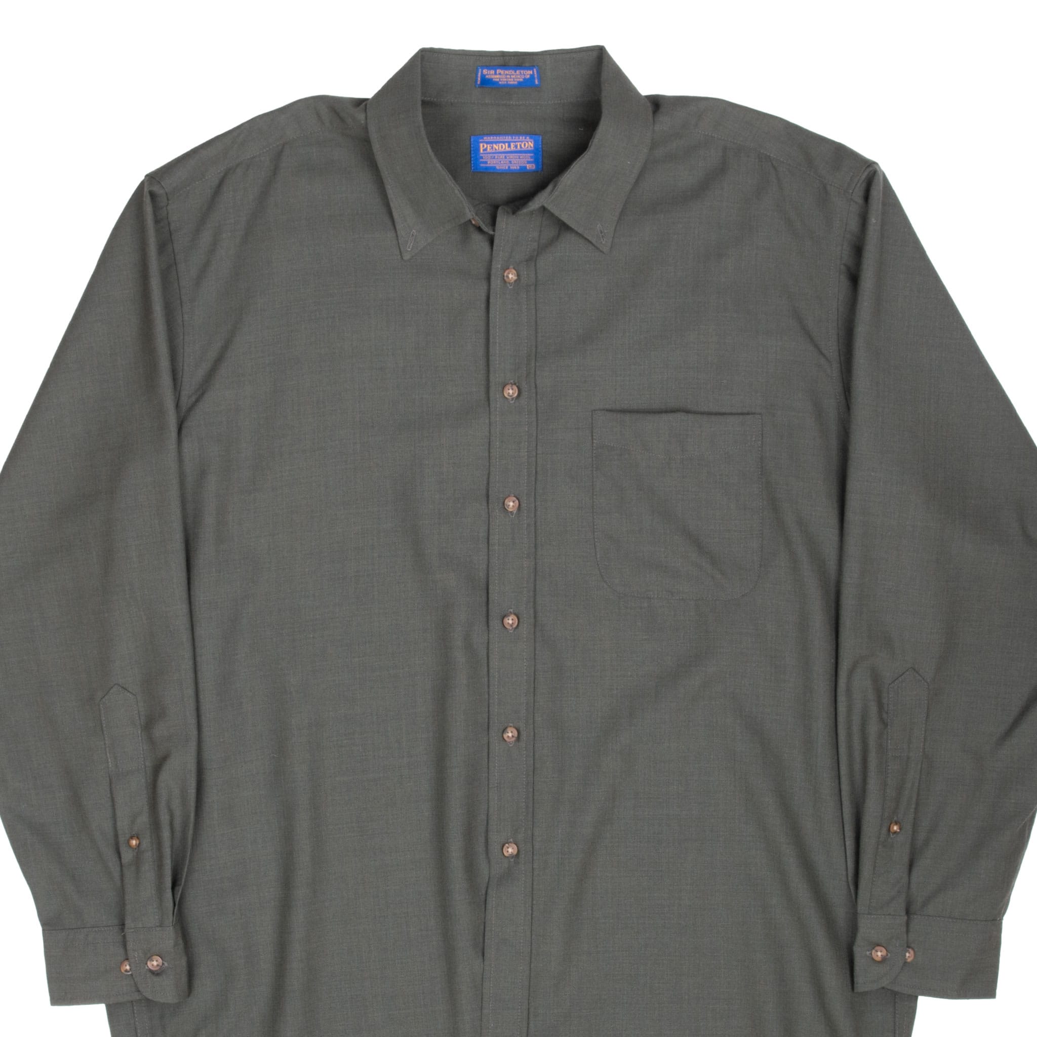 Front upper view of Pendleton green wool button-front shirt with pointed collar and chest pocket