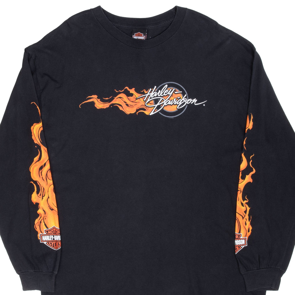 Front of black Harley-Davidson long-sleeve T-shirt with orange flame chest and sleeve graphics