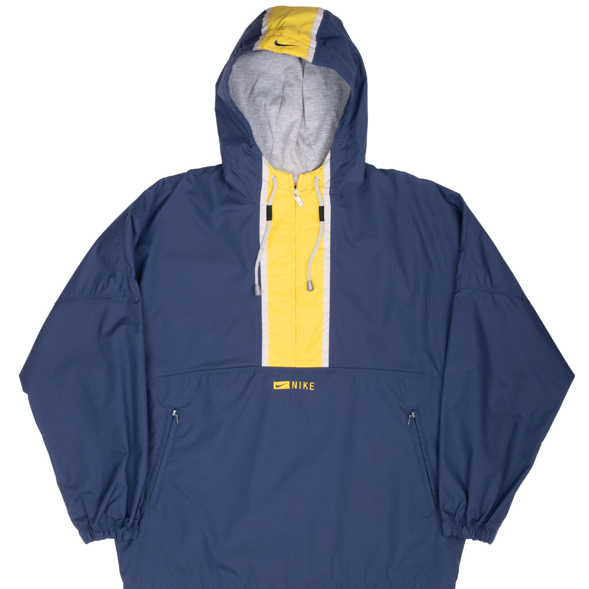 Front of blue Nike pullover windbreaker with yellow stripe, hood, and zippered pockets