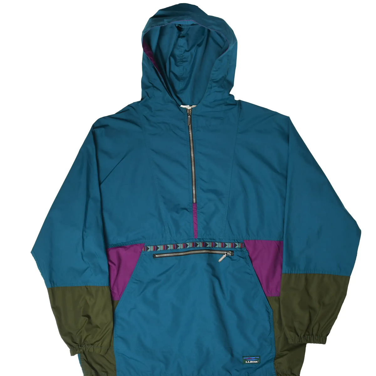 Front of L.L.Bean hooded anorak in teal, purple, and olive with half zip and kangaroo pocket