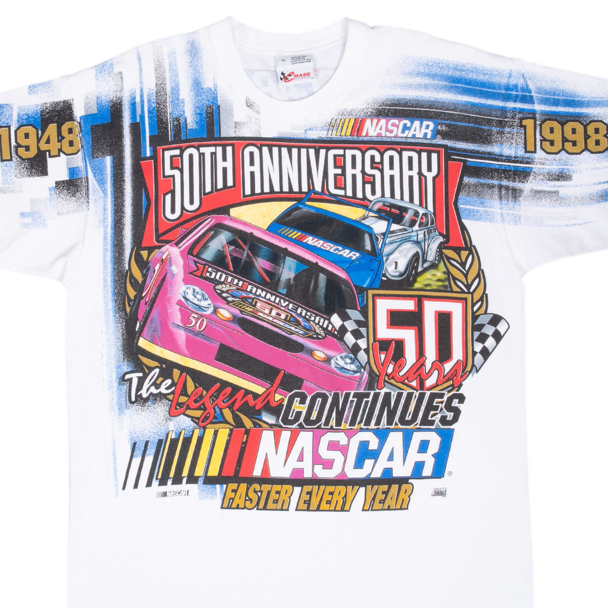 Front graphic of white NASCAR 50th Anniversary T-shirt with pink and blue race cars