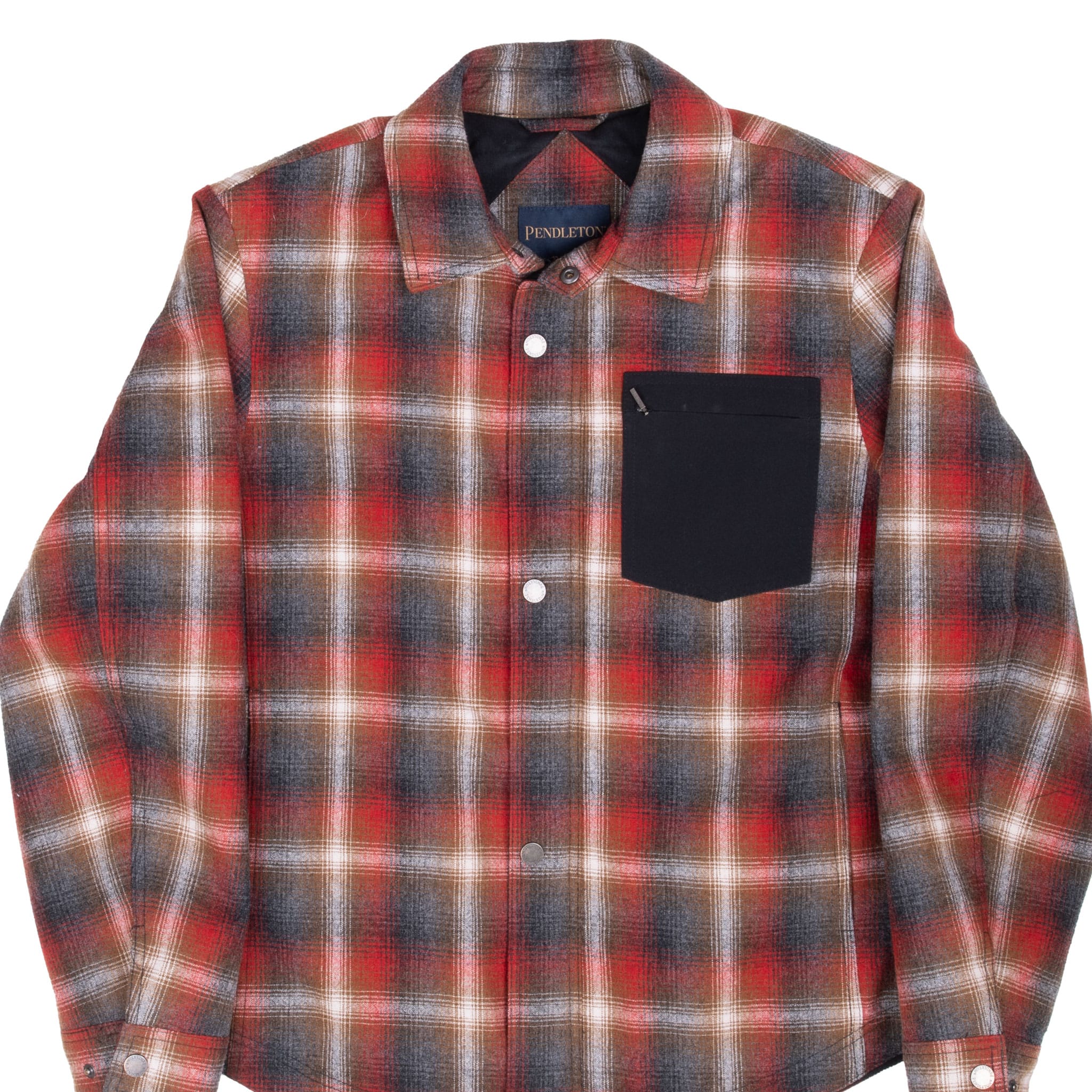 Front detail of Pendleton red, brown and charcoal plaid overshirt with black zip chest pocket