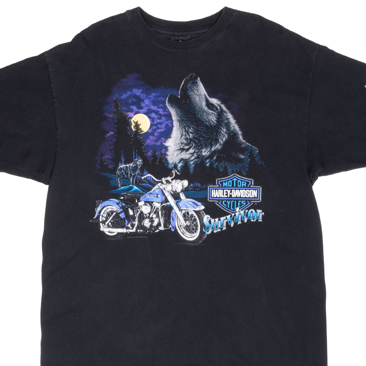 Harley-Davidson black T-shirt front with motorcycle, howling wolves, moonlit forest and Survivor graphic