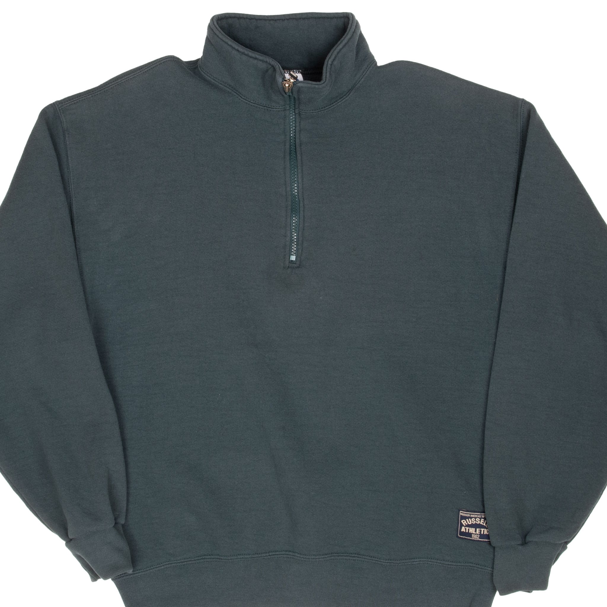 Front view of dark green Russell Athletic quarter-zip sweatshirt with woven hem patch