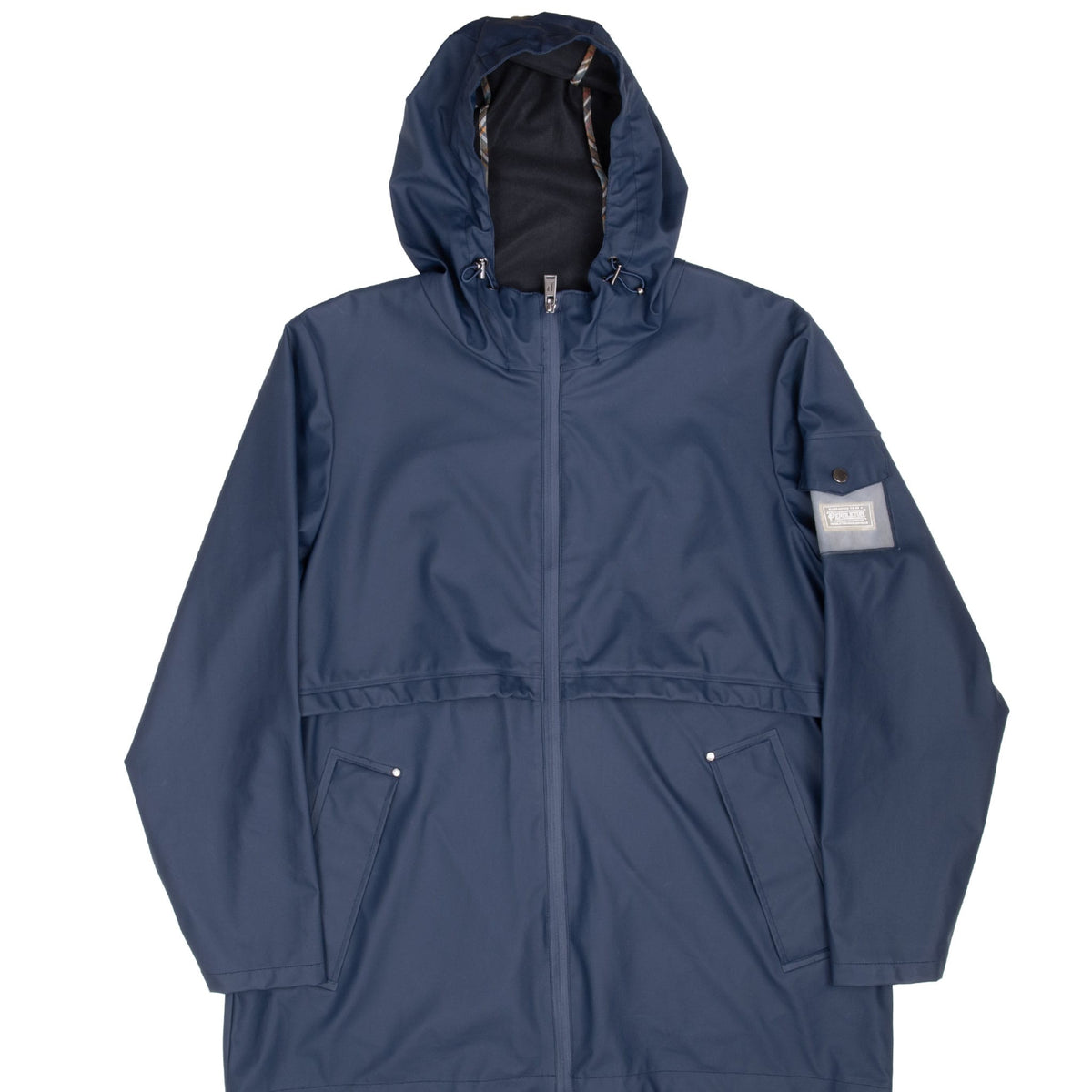 Front of navy blue Pendleton hooded rain jacket with zip closure and angled pockets