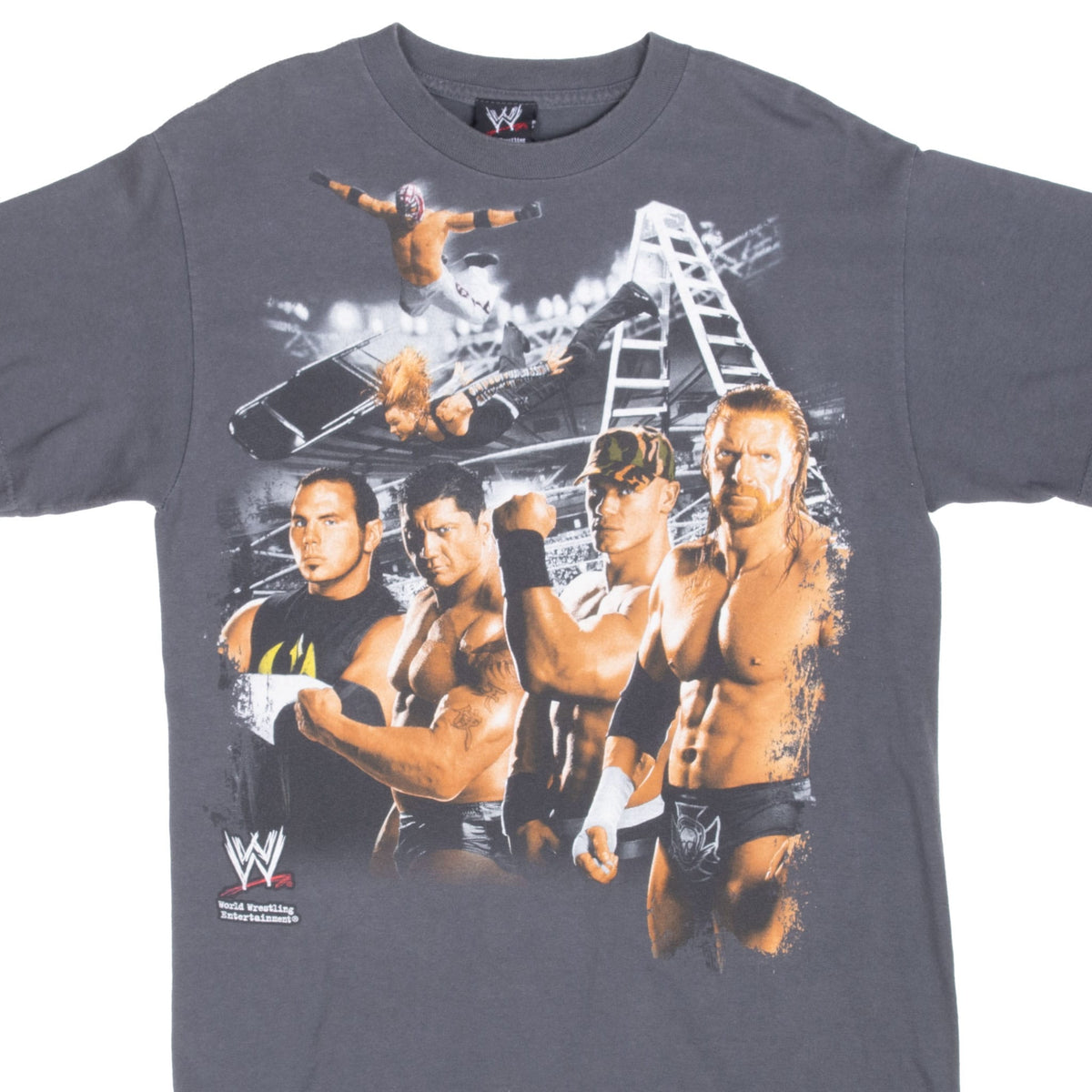 WWE charcoal gray T-shirt front graphic with Rey Mysterio, John Cena, Matt Hardy, Edge and Batista