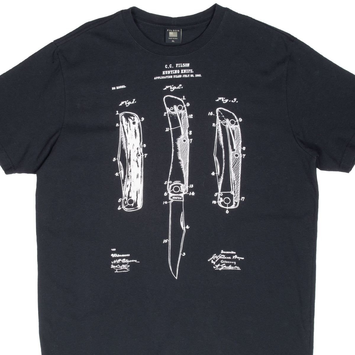 Front of black Filson T-shirt with white folding knife patent graphic