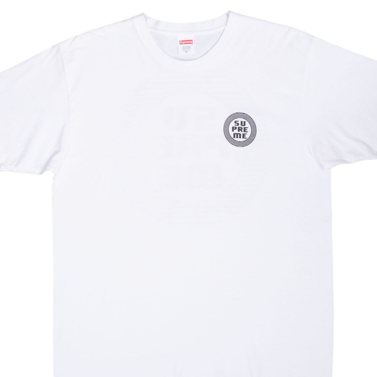 Front of white Supreme T-shirt with small black Disrupt Circle graphic at left chest