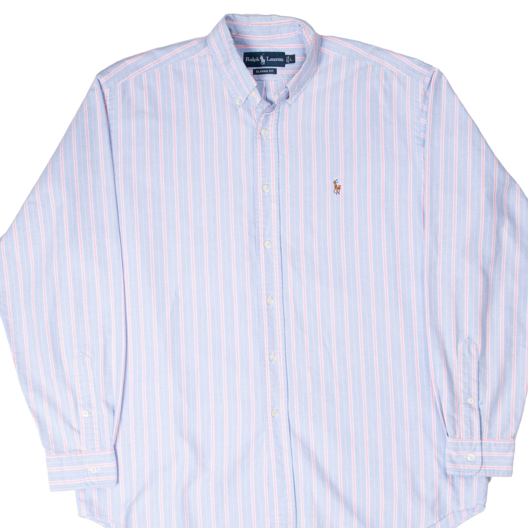Front of Ralph Lauren blue striped long-sleeve button-down shirt