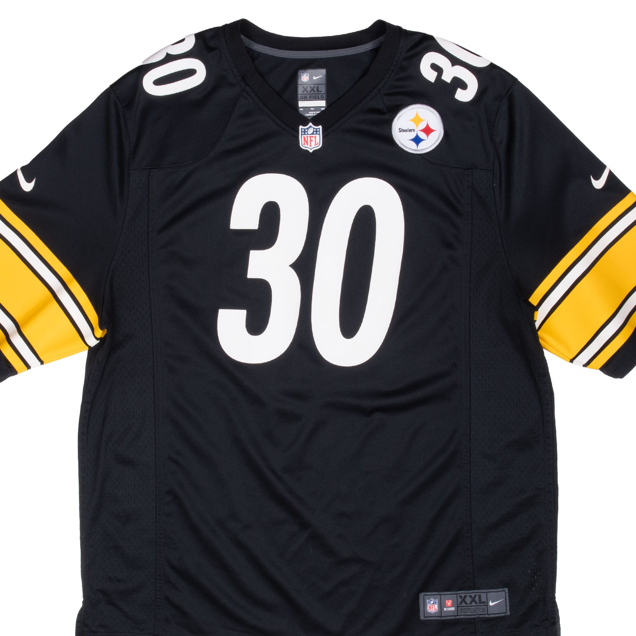 Front detail of black Nike Pittsburgh Steelers Conner #30 jersey with striped sleeves and chest patches