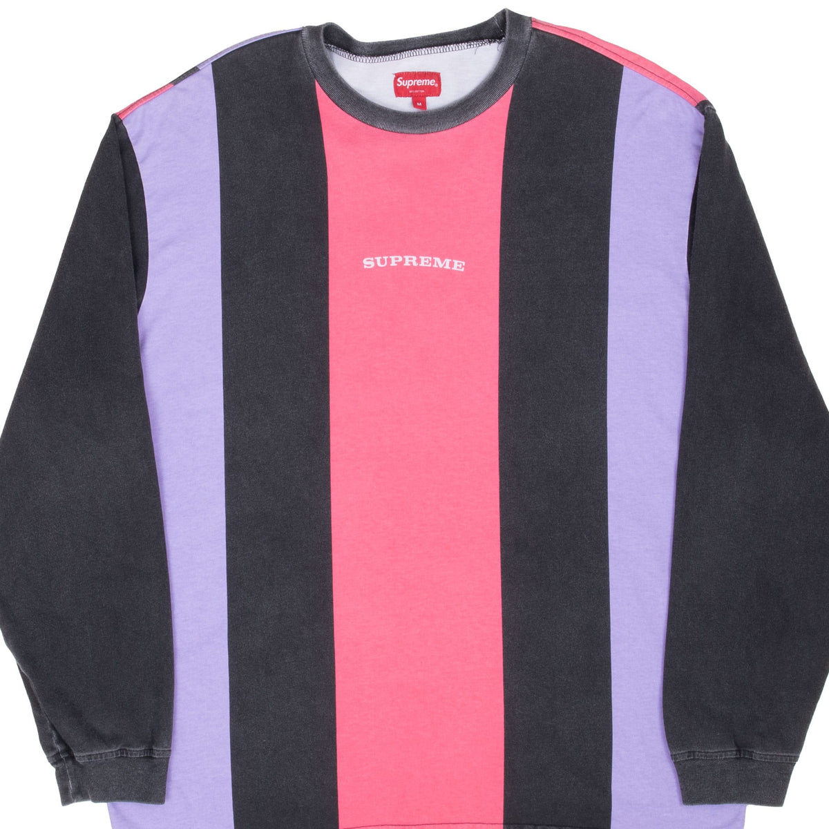 Front of Supreme long-sleeve T-shirt with black, pink and lavender vertical stripes