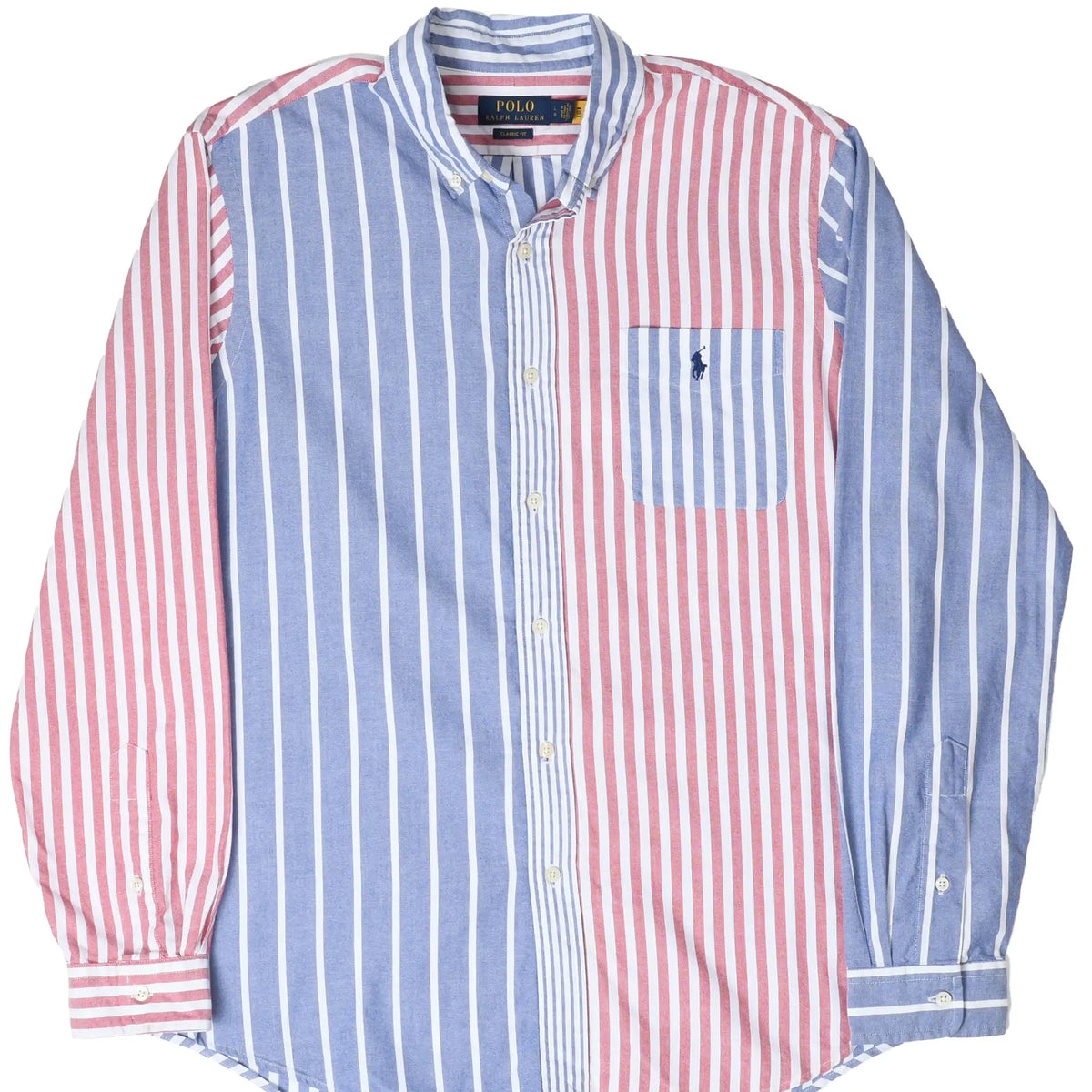 Front of Polo Ralph Lauren button-down shirt with red, blue and white striped patchwork