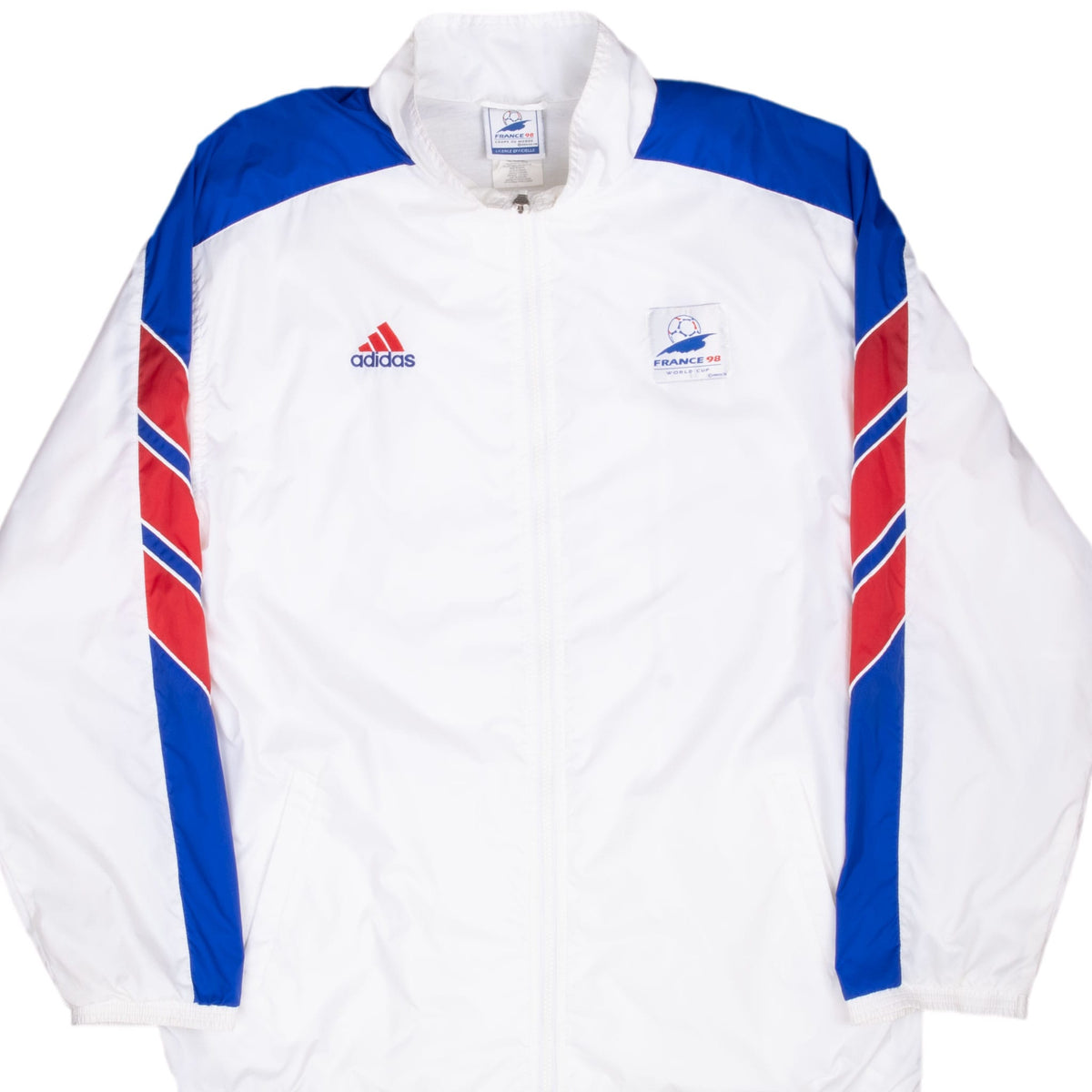 Front of white adidas Team USA jacket with blue panels, striped sleeves, and France 98 patch