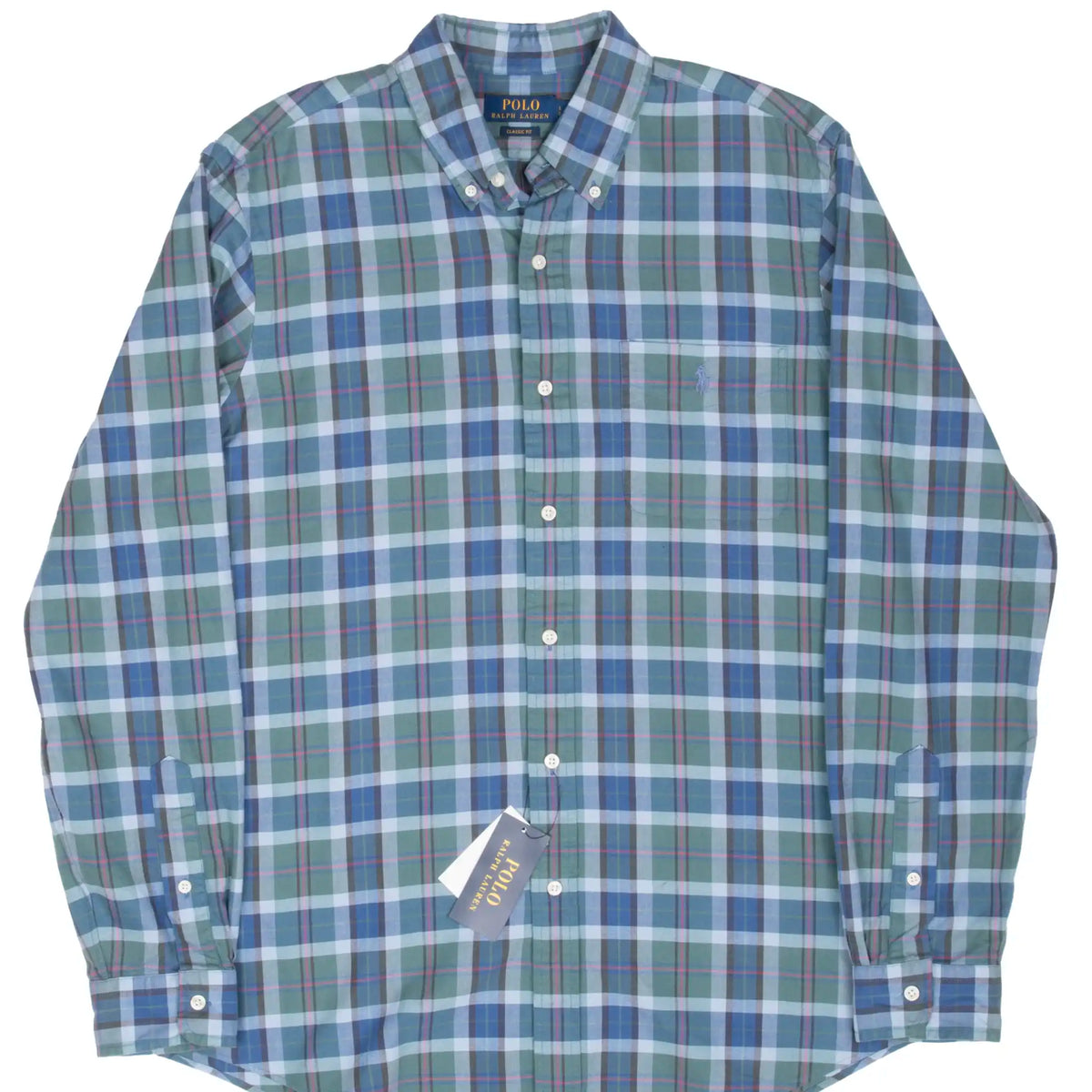 Front of Polo Ralph Lauren blue and green plaid button-down shirt with hang tag
