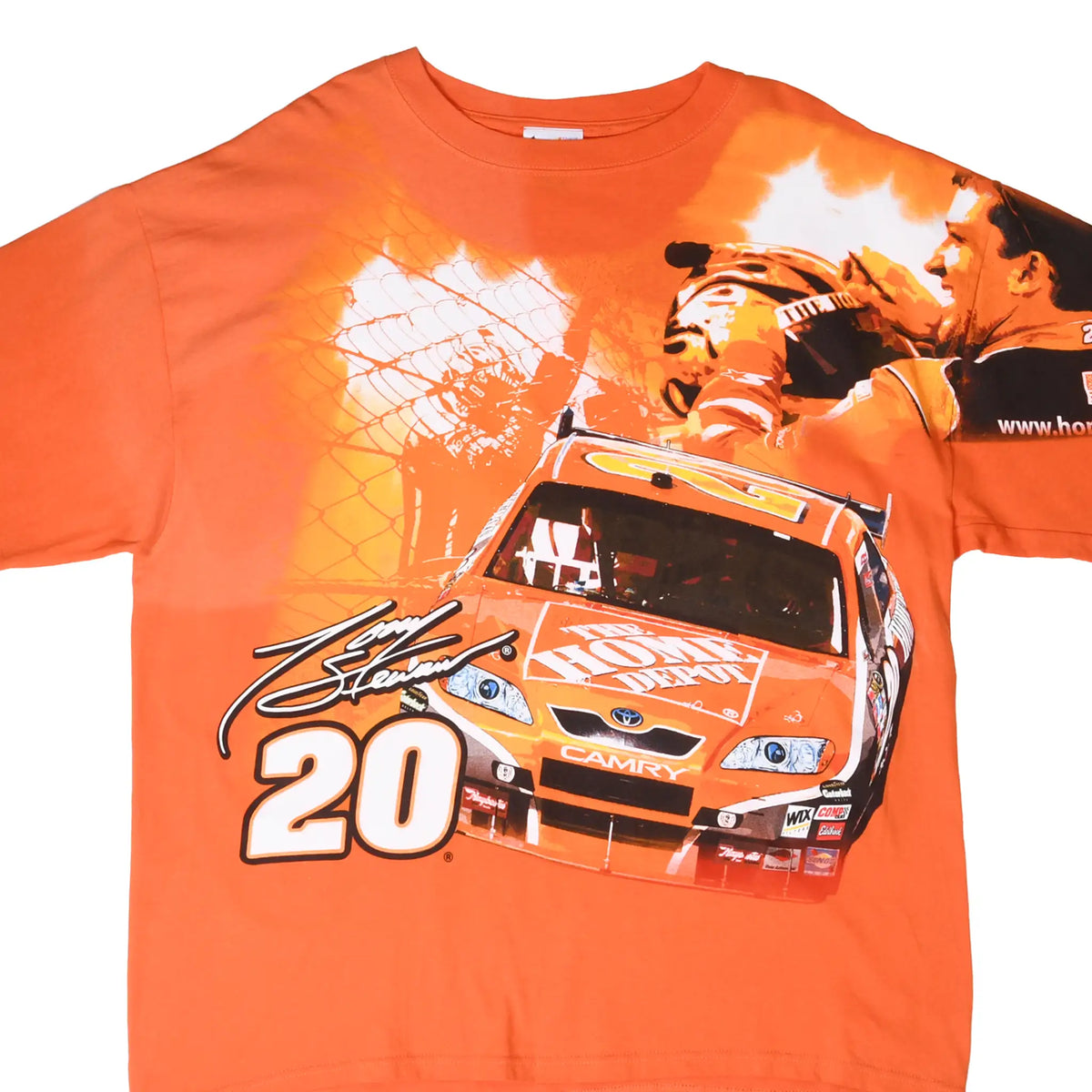 Front of orange Tony Stewart NASCAR T-shirt with Home Depot No. 20 race car graphic