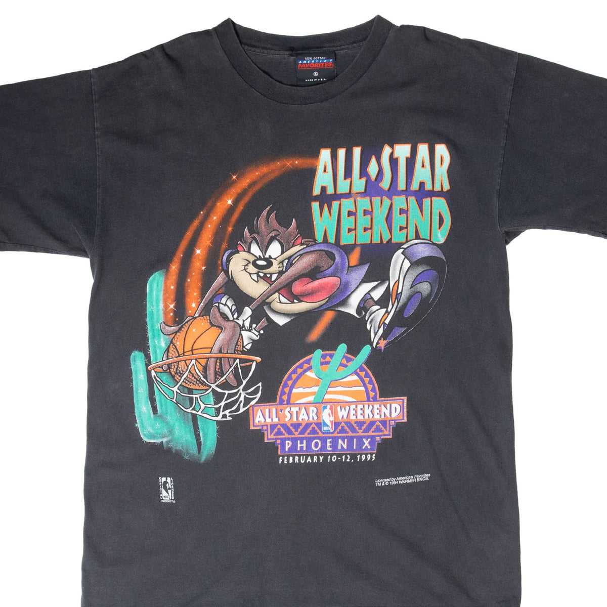 Front detail of black NBA Phoenix All-Star Weekend T-shirt with Taz dunking graphic