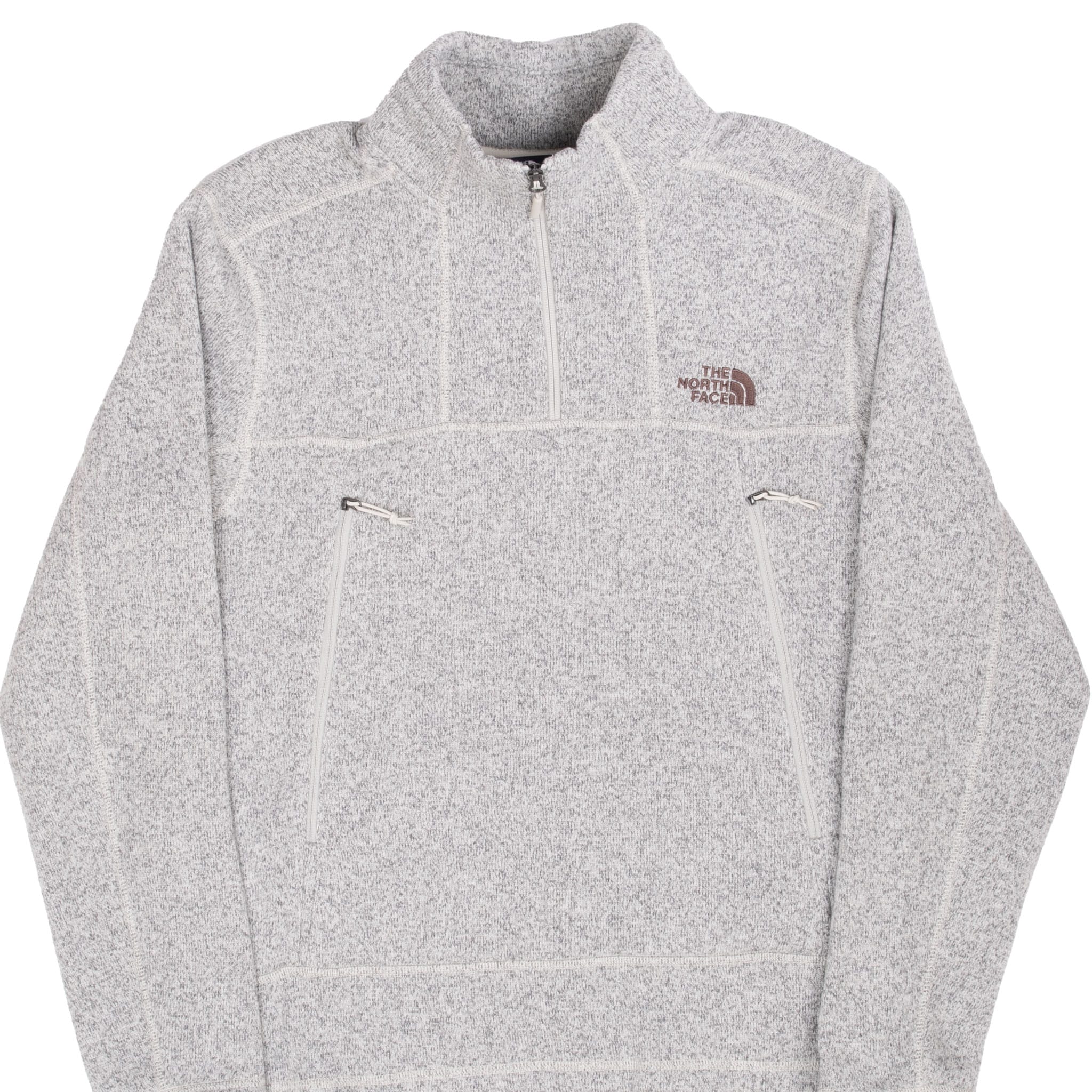 Front of The North Face Gordon Lyons grey quarter-zip jacket with two zippered pockets
